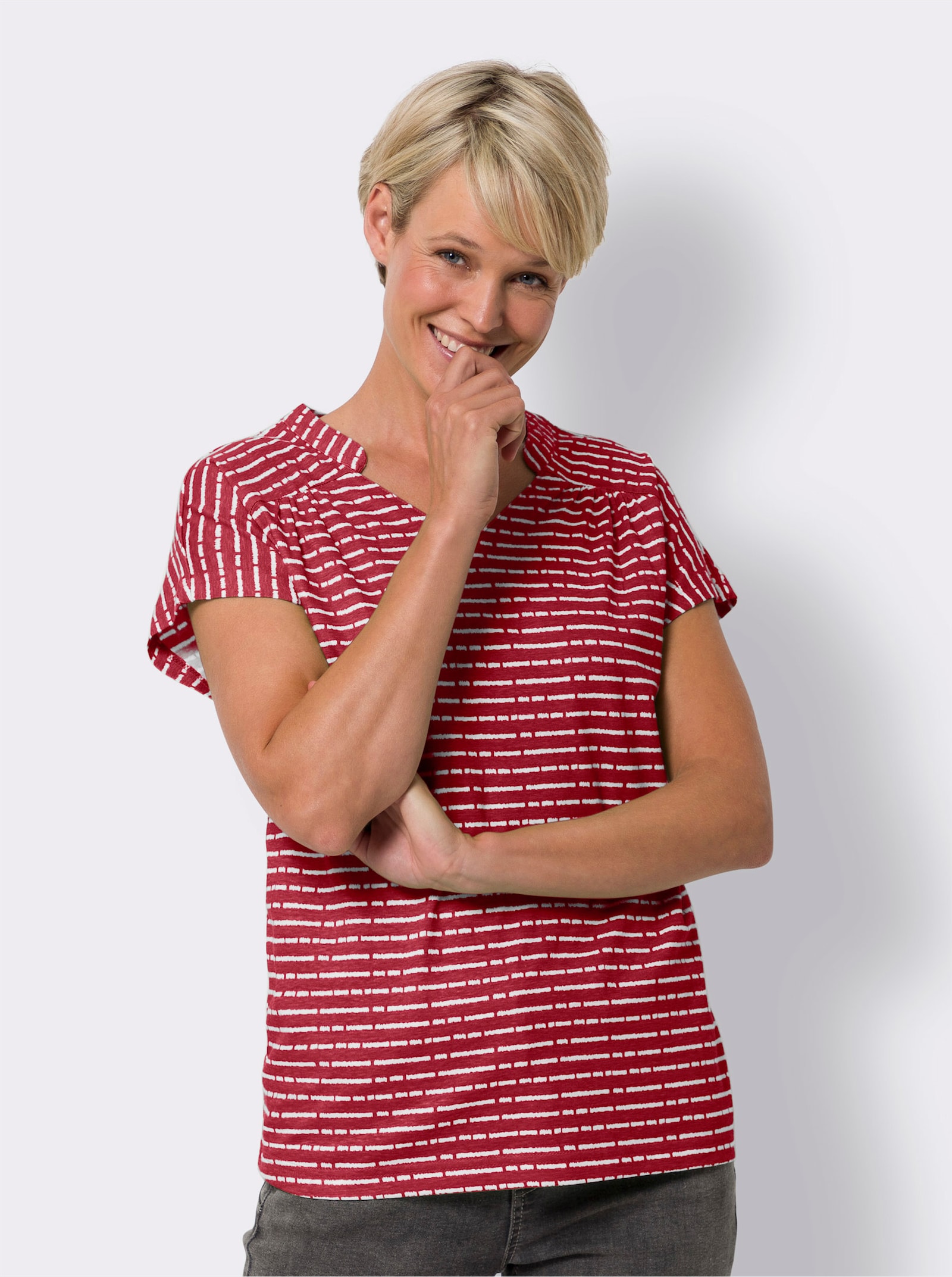 Topp med ståkrage och V-ringning - röd-vit, randig