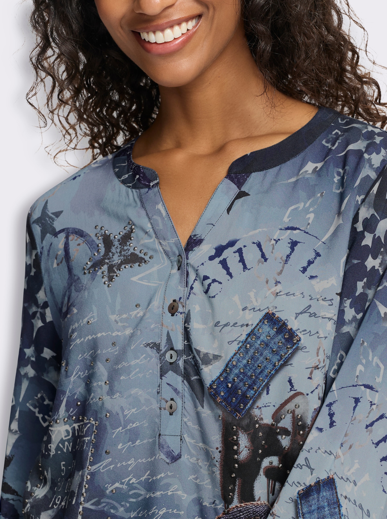 heine Druckbluse - jeansblau-steingrau-bedruckt