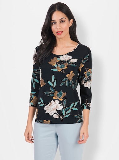 Print-Shirt mit floralem Muster - petrol-ocker-bedruckt