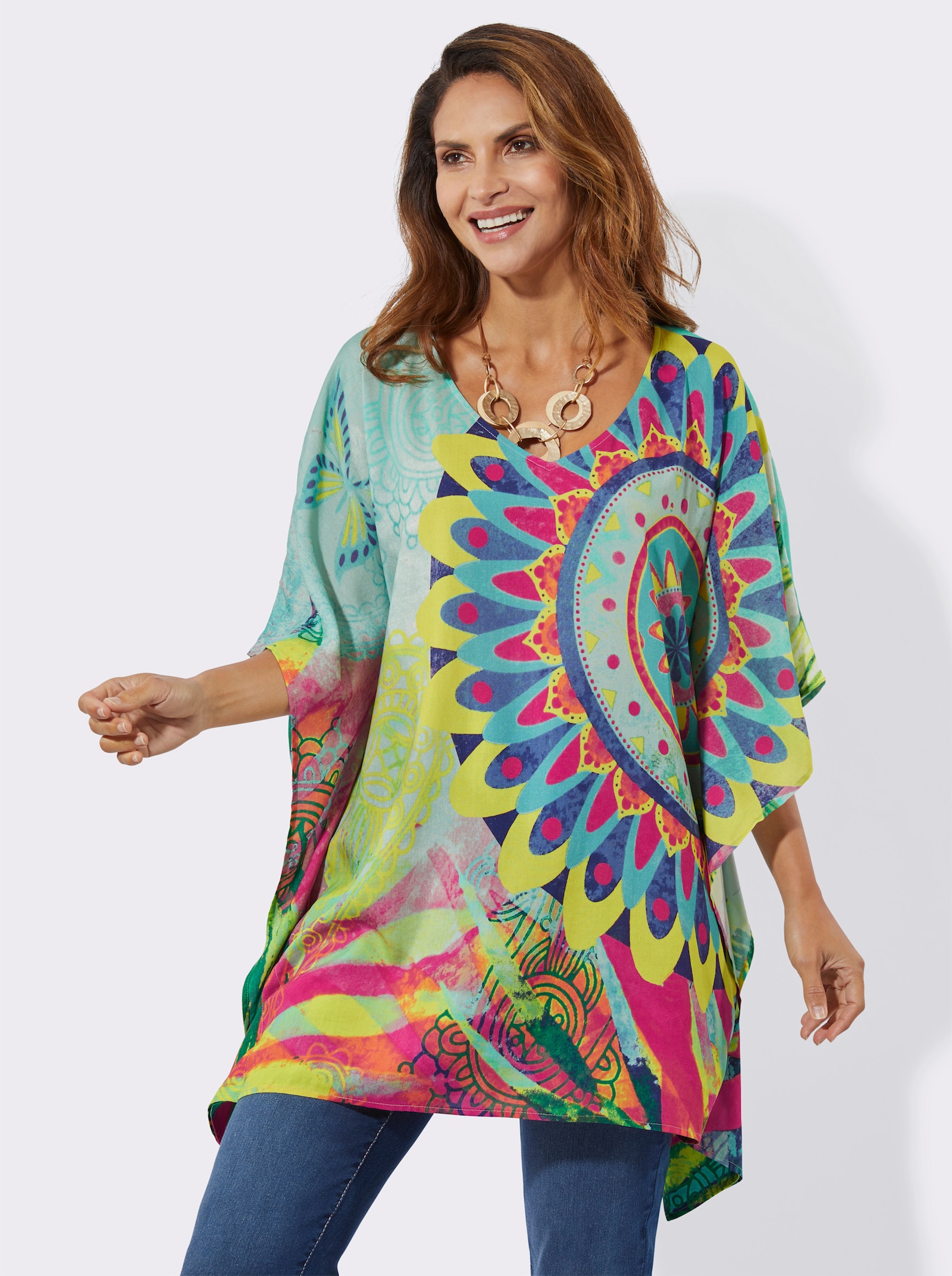 Schlupfbluse in Tunikaform - kalkmint-pink-bedruckt