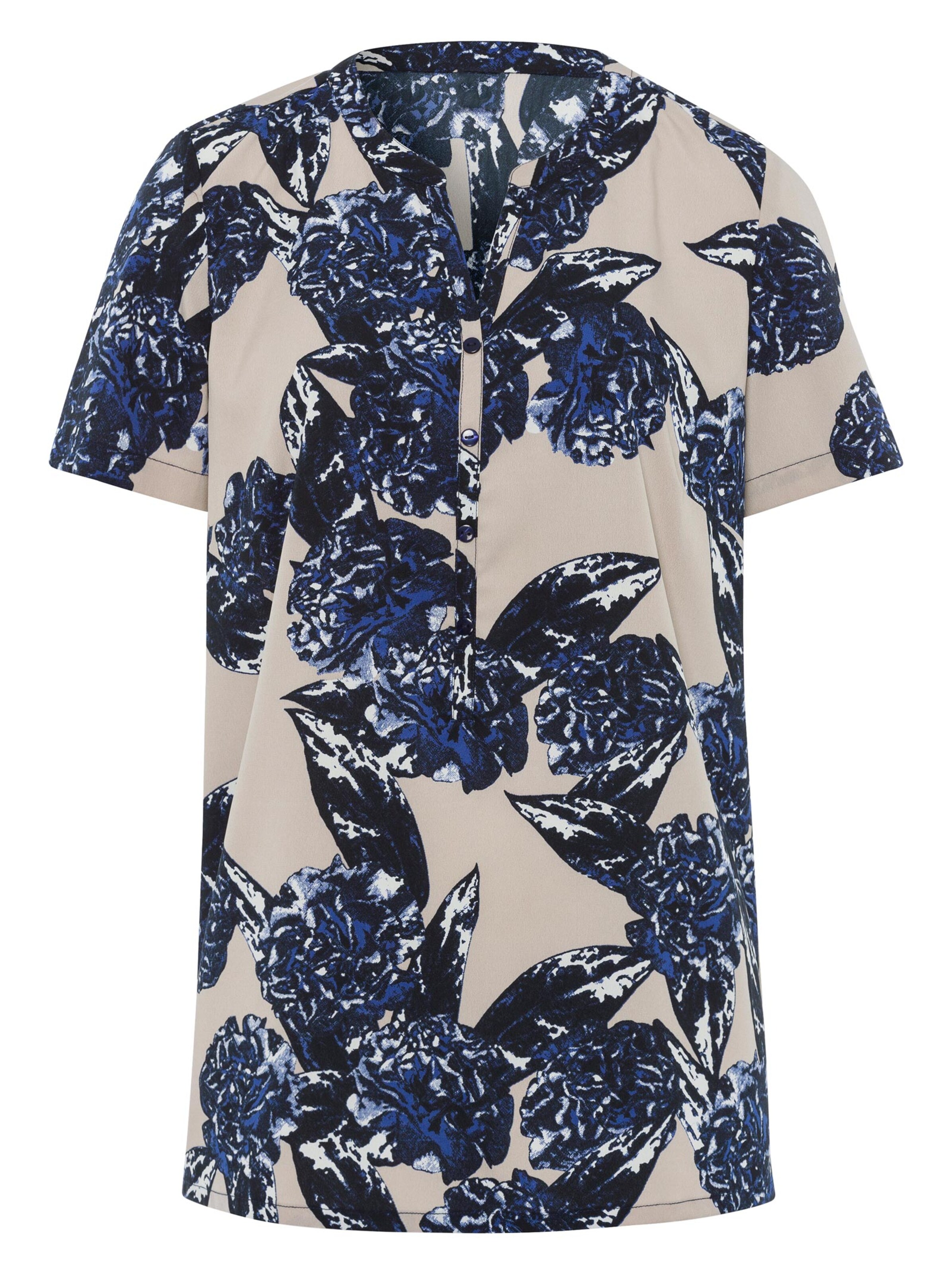 Schlupfbluse - beige-blau-bedruckt