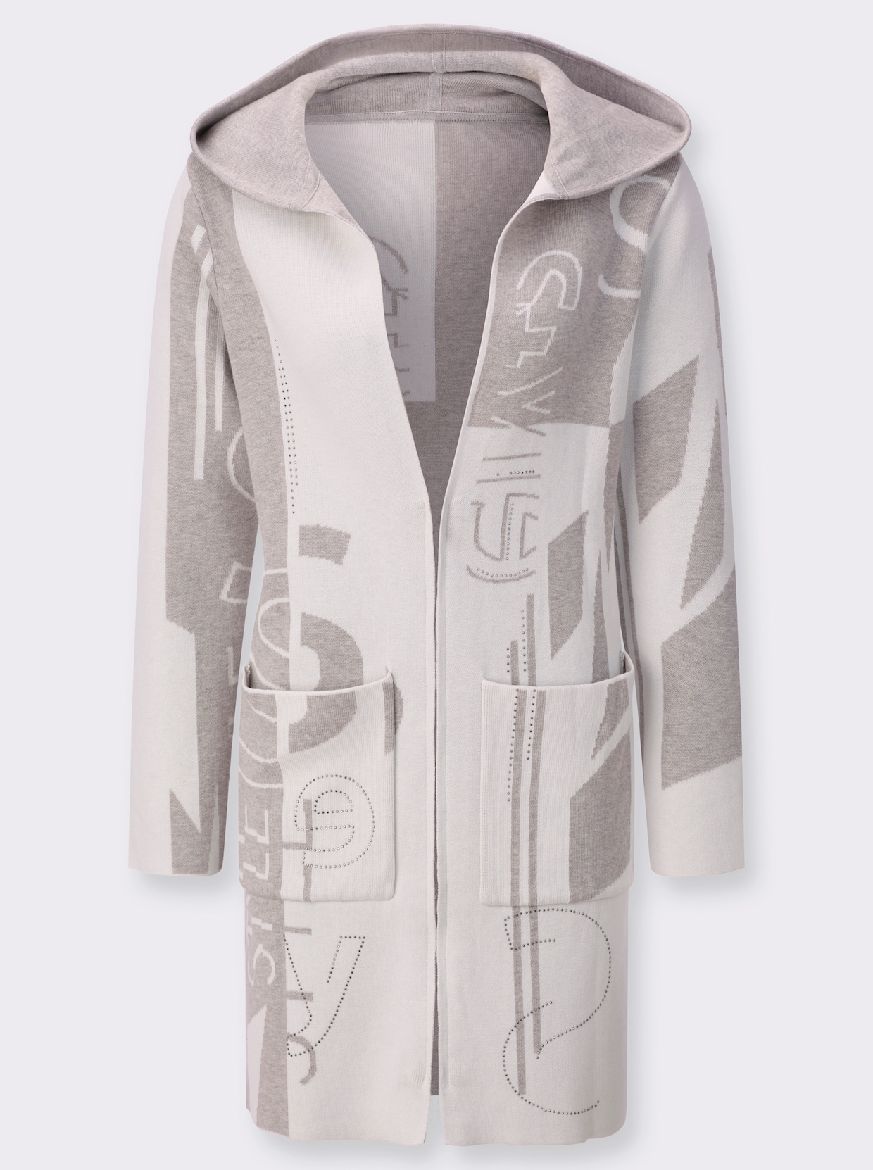 Longstrickjacke im Jacquard-Dessin - ecru-hellgrau-gemustert