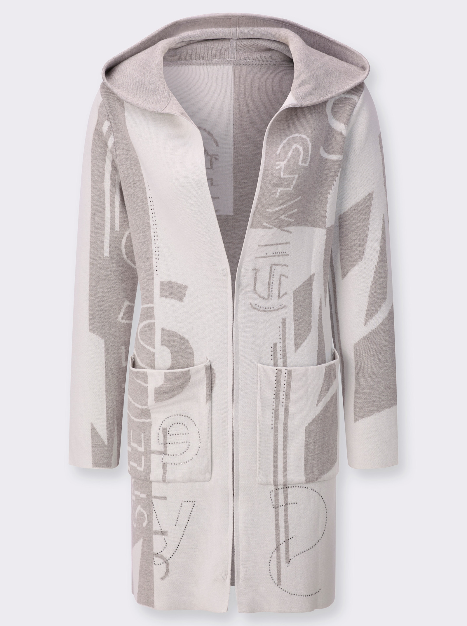 Veste longue en tricot au motif jacquard - écru-gris clair à motifs