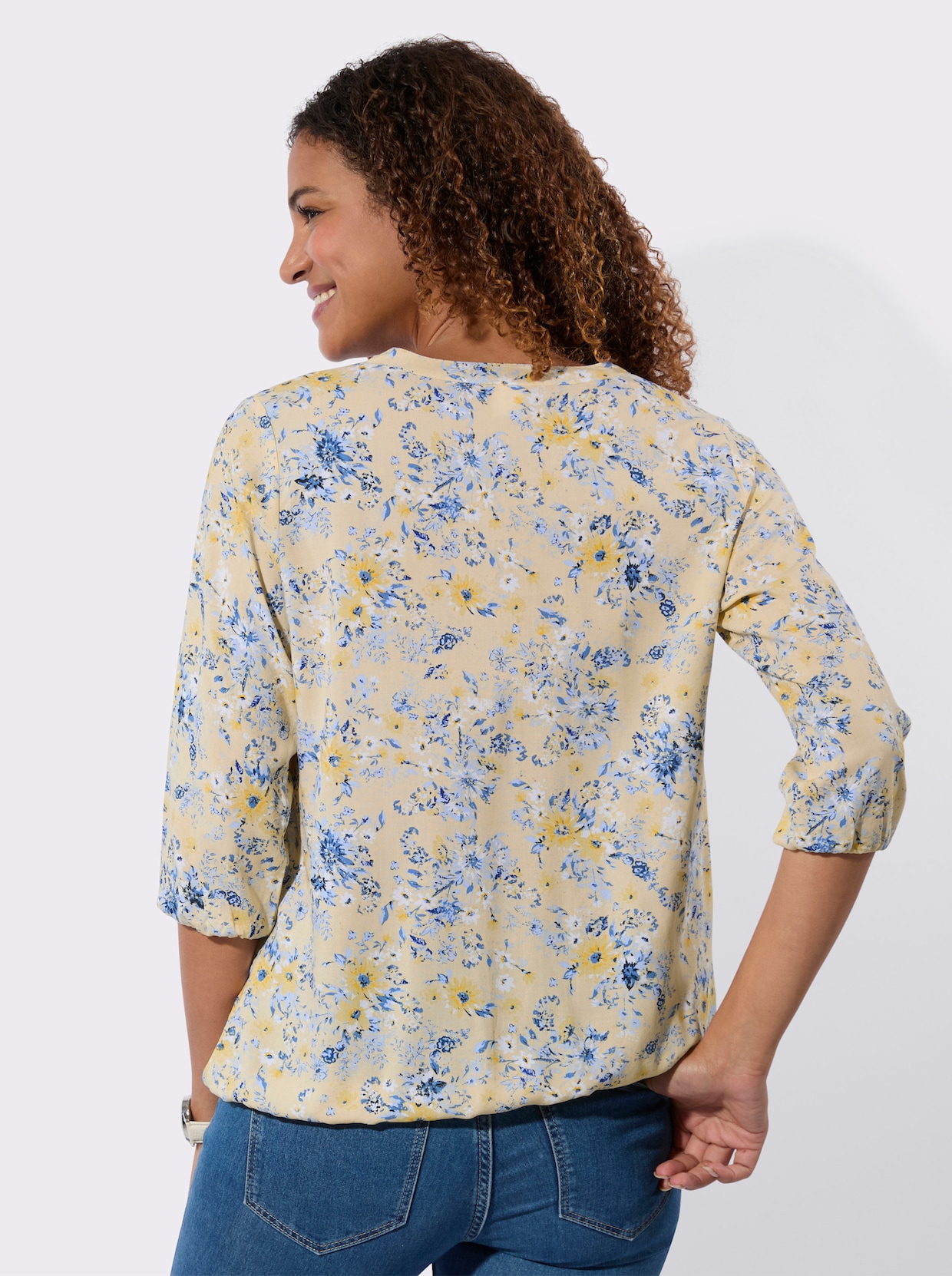 Druckbluse - vanille-rauchblau-bedruckt
