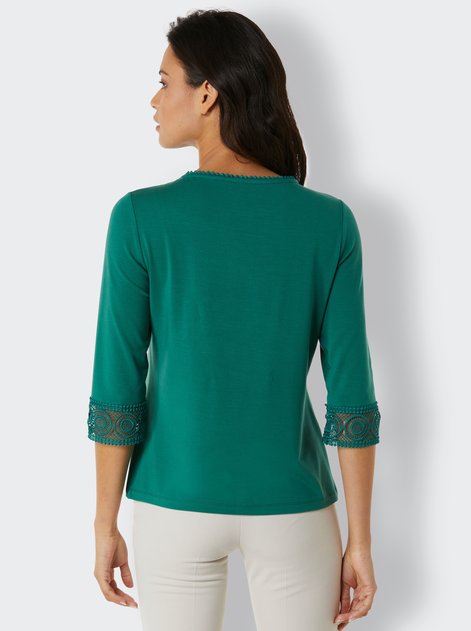 CREATION L PREMIUM 3/4-Arm-Shirt mit Spitzenbordüre an Ausschnitt und Ärmeln - dunkelgrün