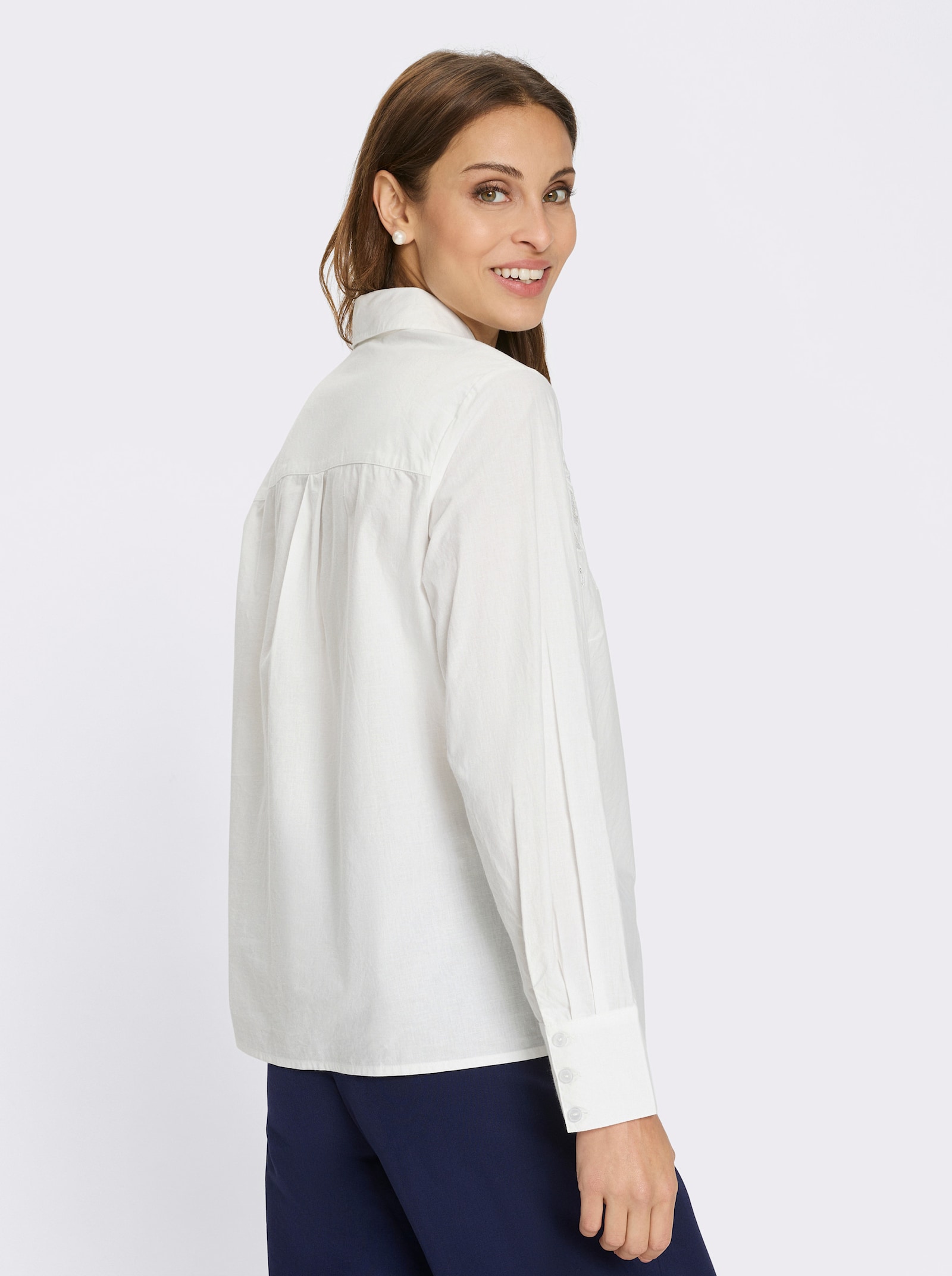 Baumwollbluse mit Stickerei und Netzeinsatz - ecru