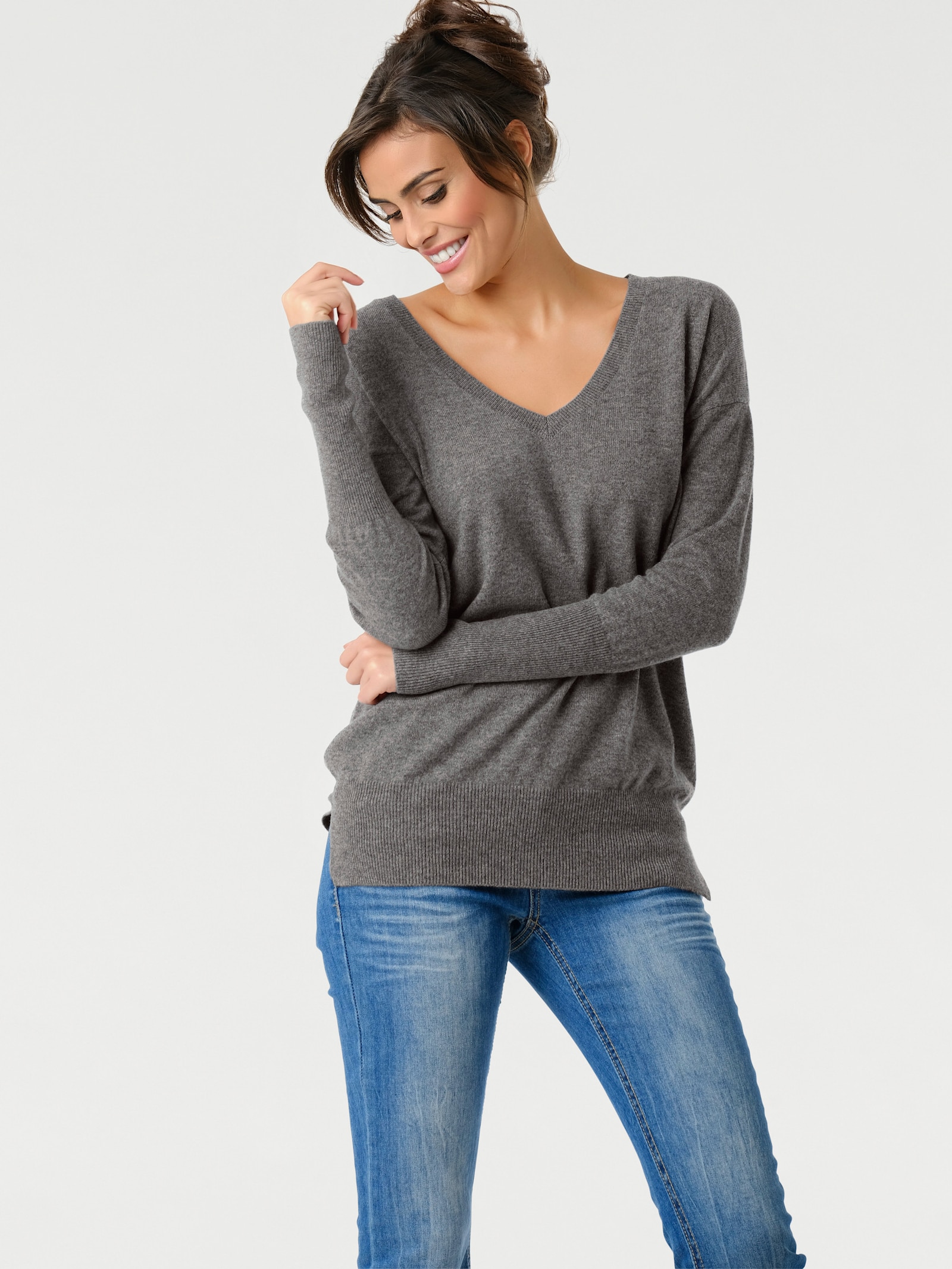heine Kaschmirpullover mit V-Ausschnitt - grau-melange