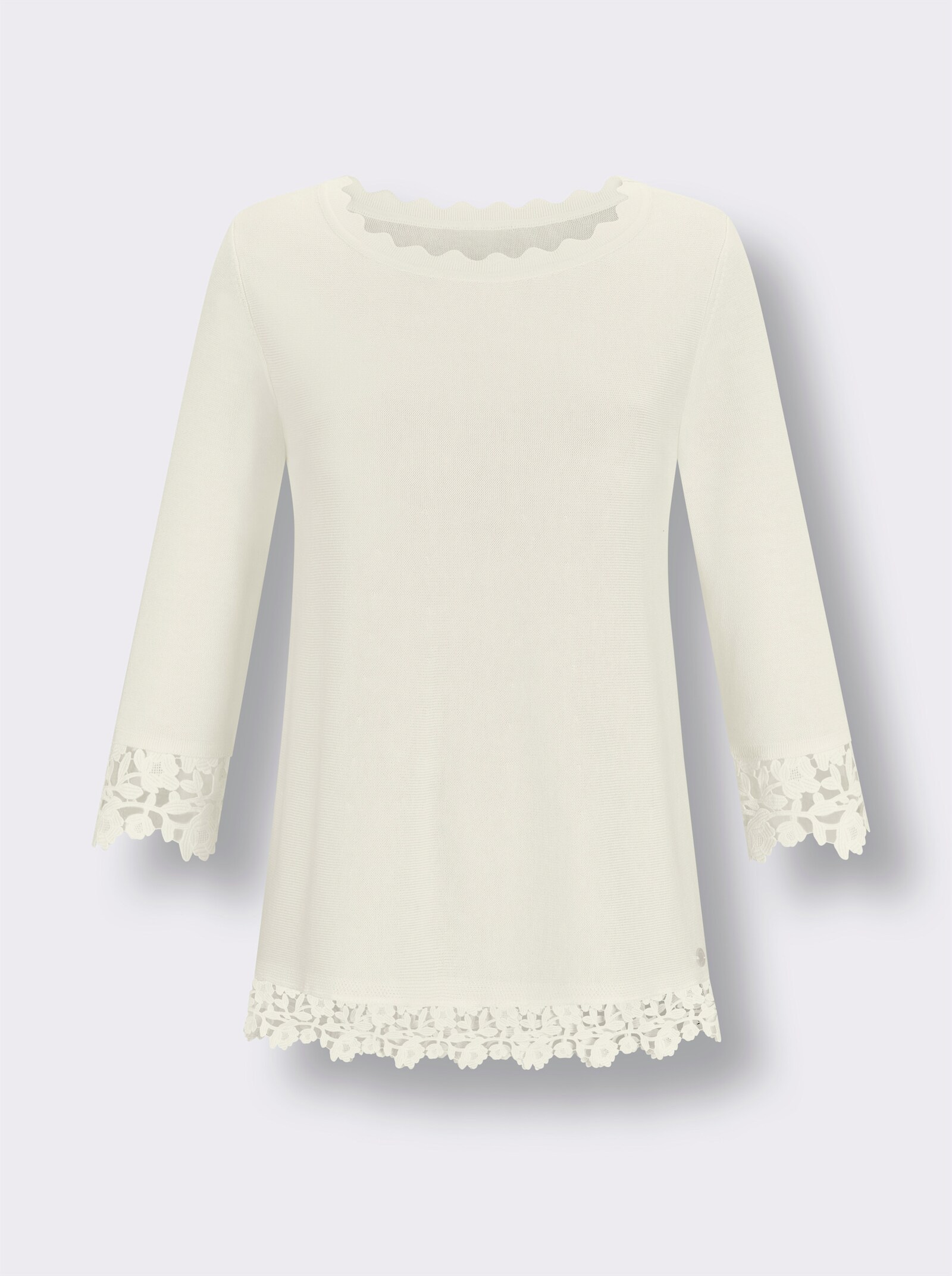 CREATION L PREMIUM Feinstrickpullover mit breitem Spitzenabschlusss - ecru