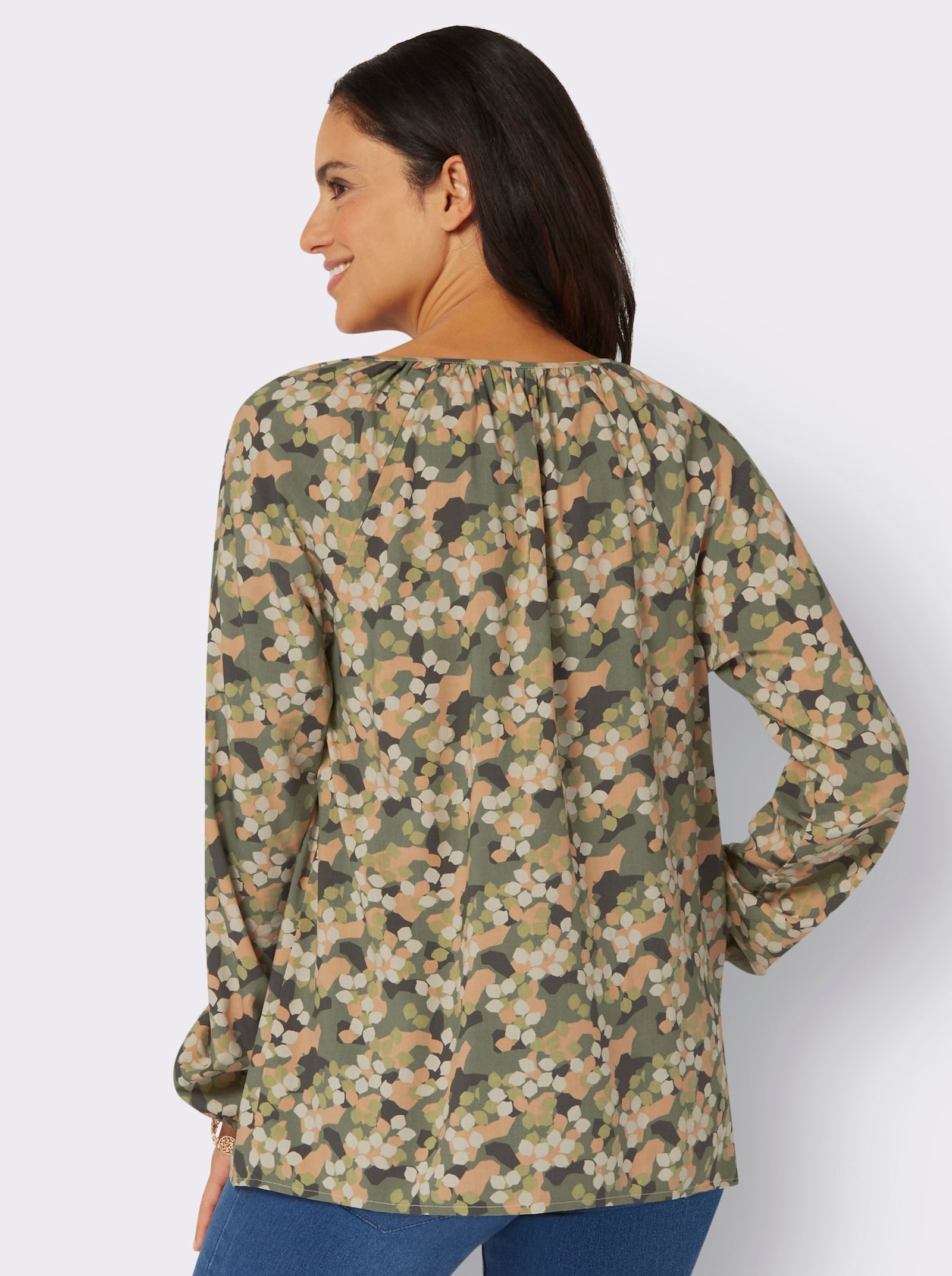 Blouse met print en boothals - kaki/zand/bedrukt