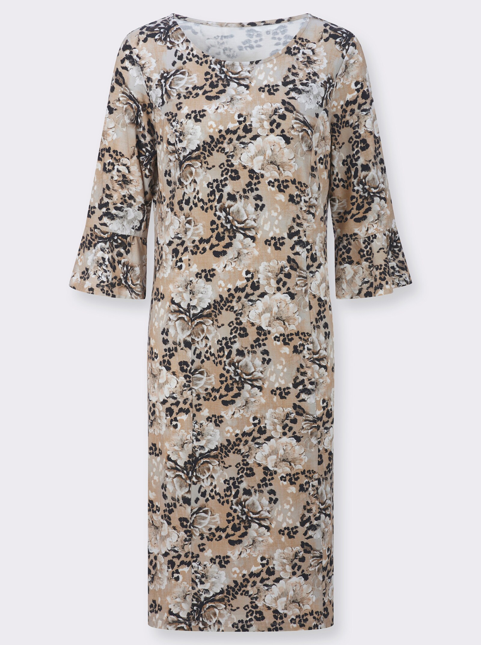 Jerseykleid mit Trompeten-Ärmeln - camel-schwarz-bedruckt