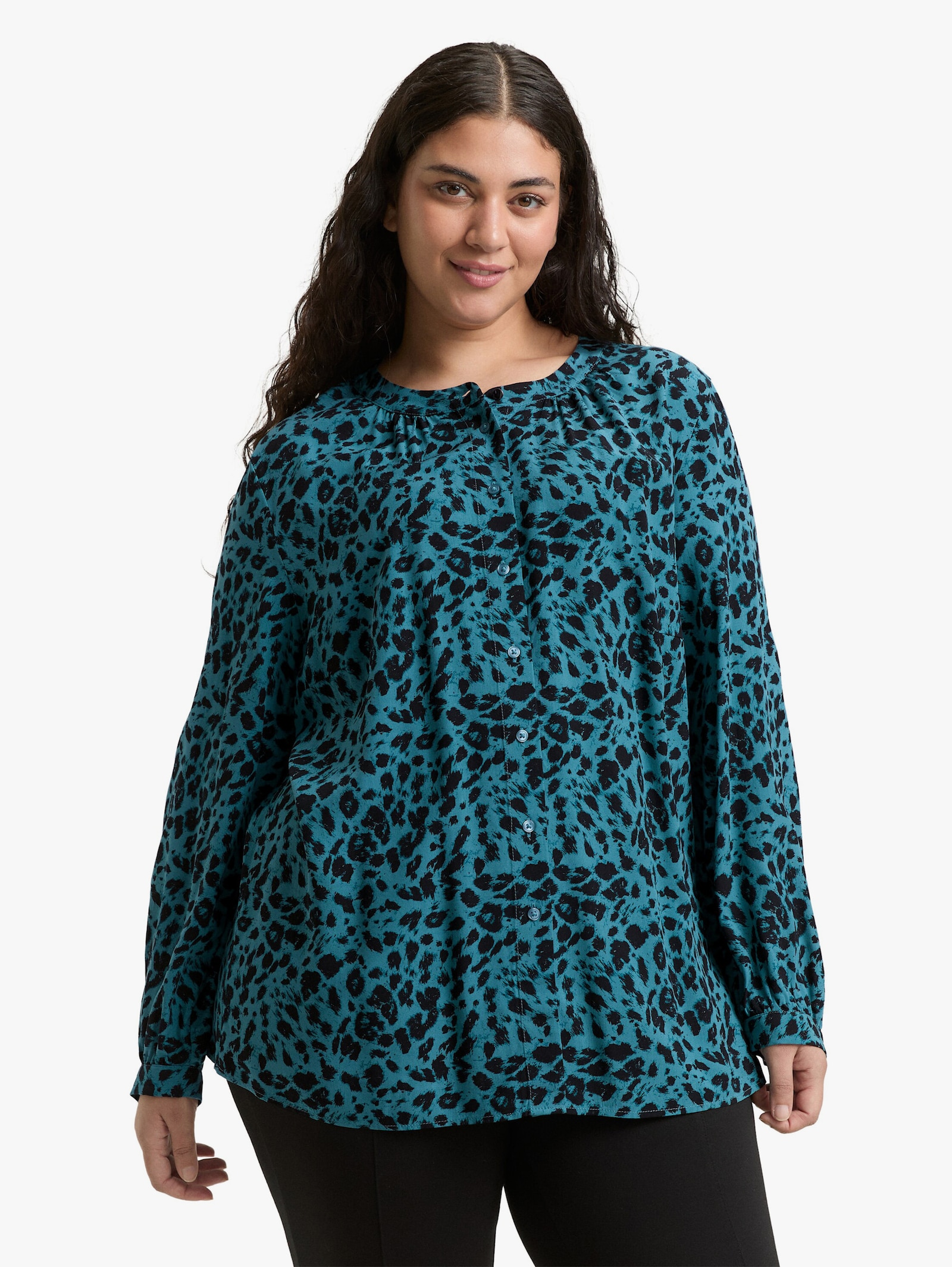 Klassische Bluse - blue black small leo print