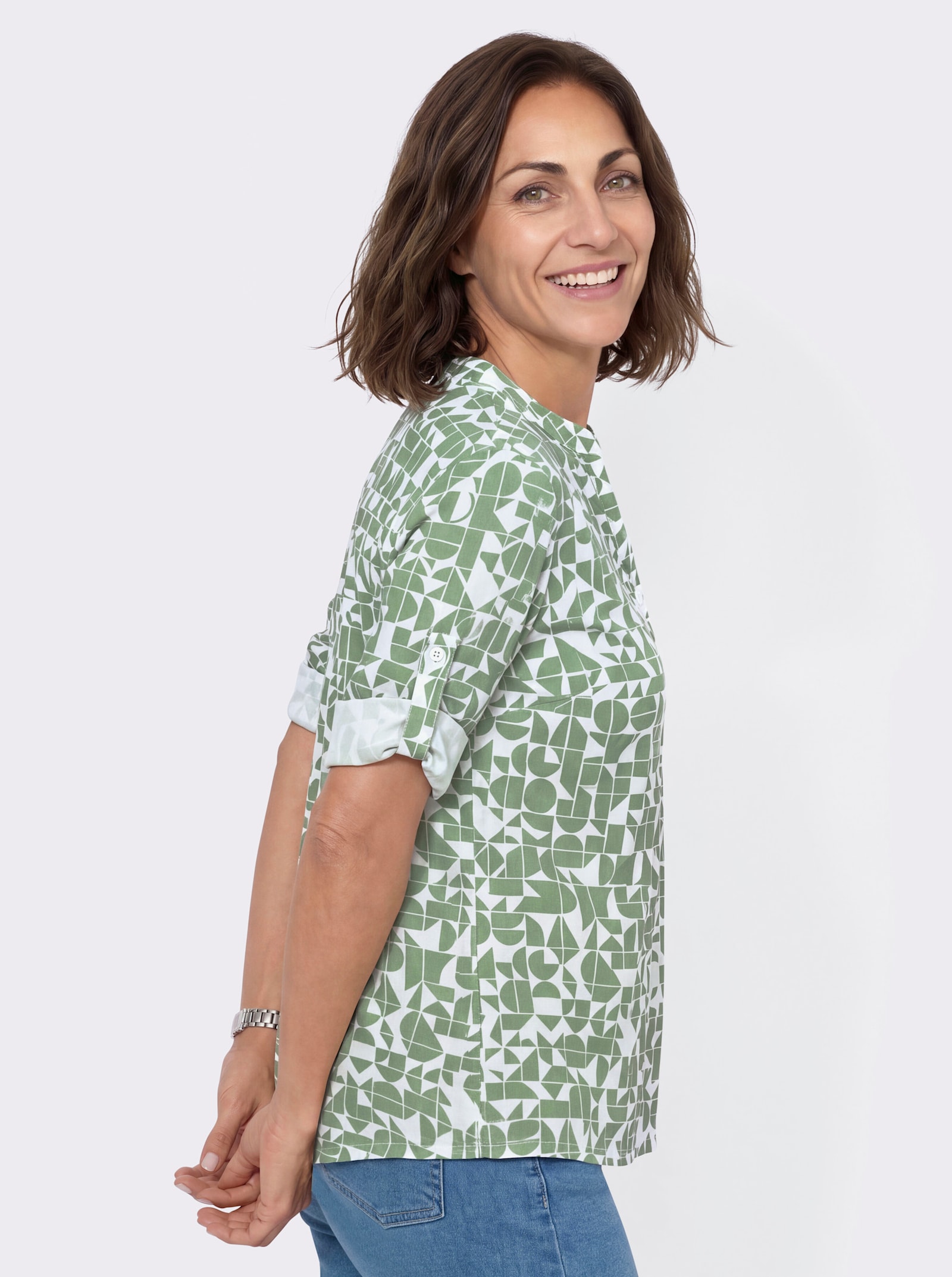 Blusenshirt mit kurzer Knopfleiste - eucalyptus-ecru-bedruckt