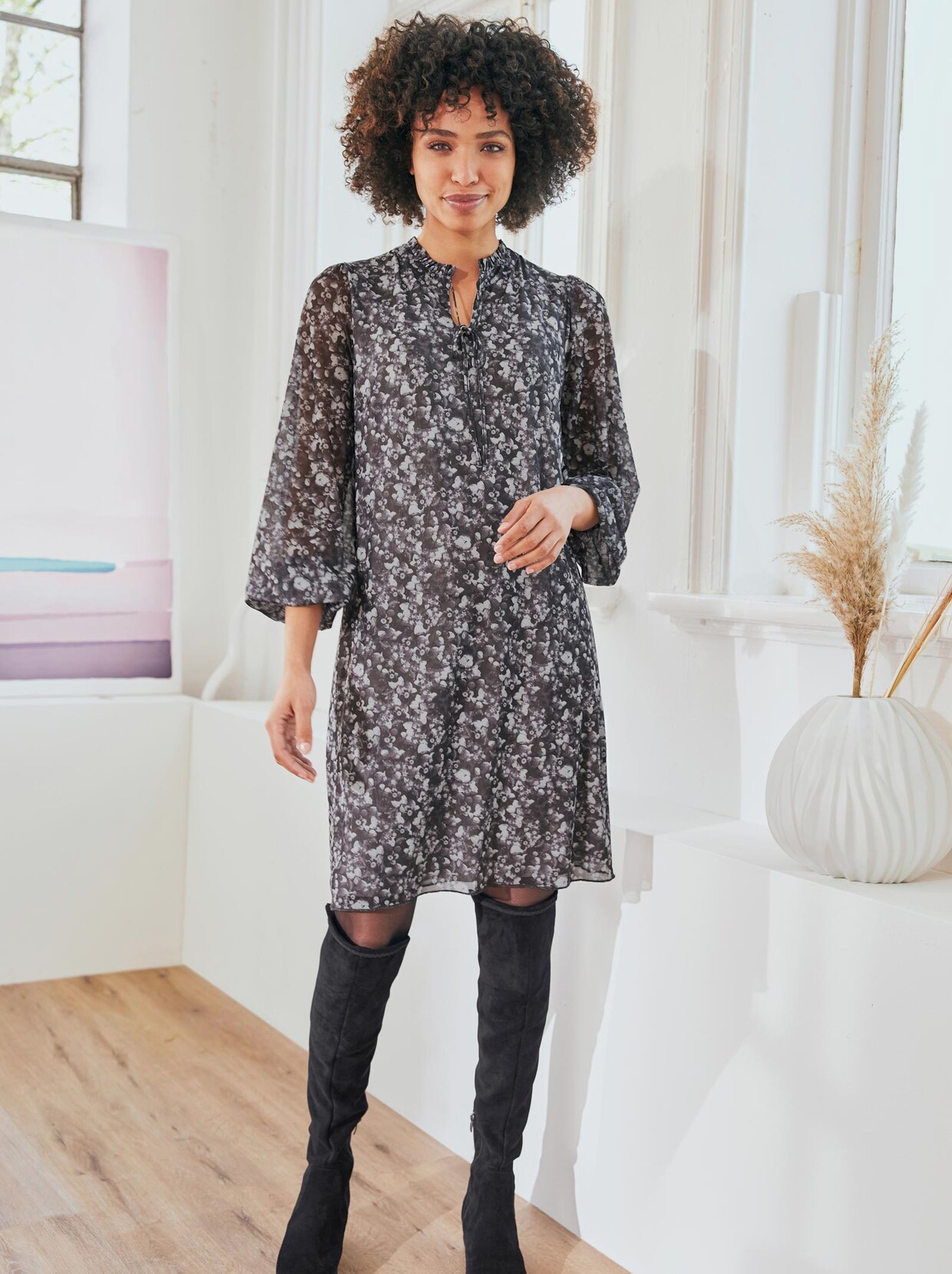 Linea Tesini Druck-Kleid - anthrazit-steingrau-bedruckt