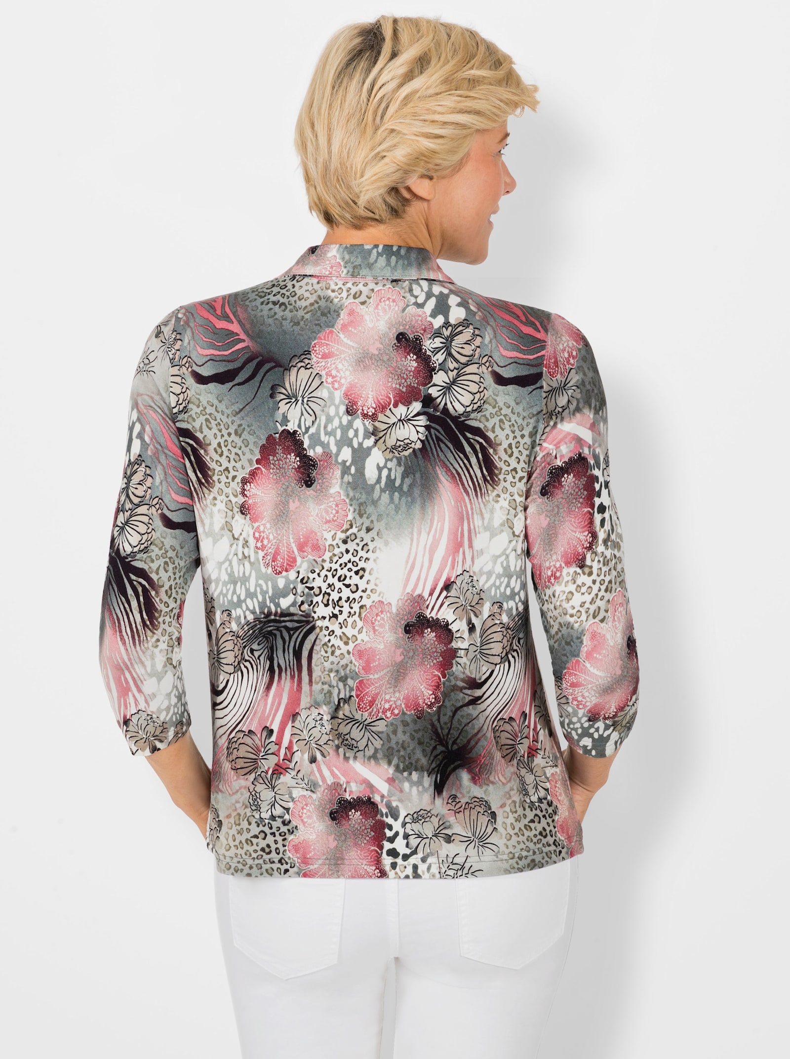 Poloshirt in elastischer Viskose-Qualität - flamingo-steingrau-bedruckt