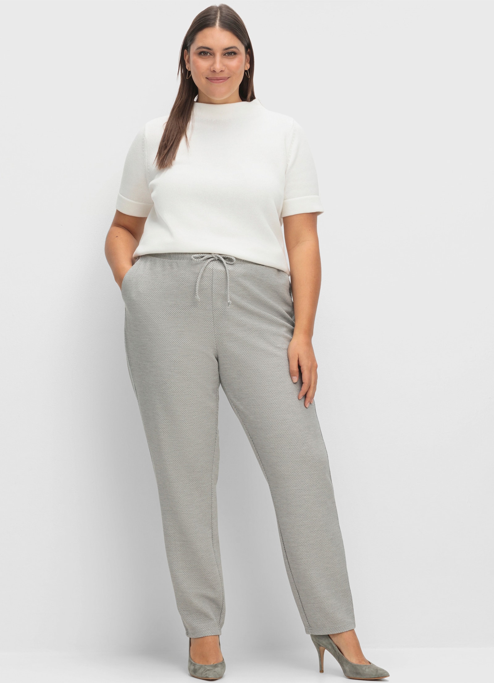 Schlupfhose mit silberfarbenen Galonstreifen - steingrau-gemustert