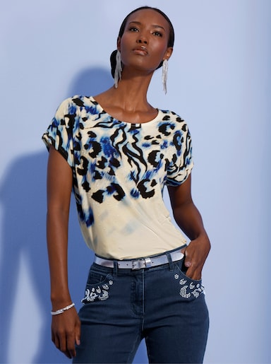 Print-Shirt mit Glitzersteinchen - champagner-eisblau-bedruckt