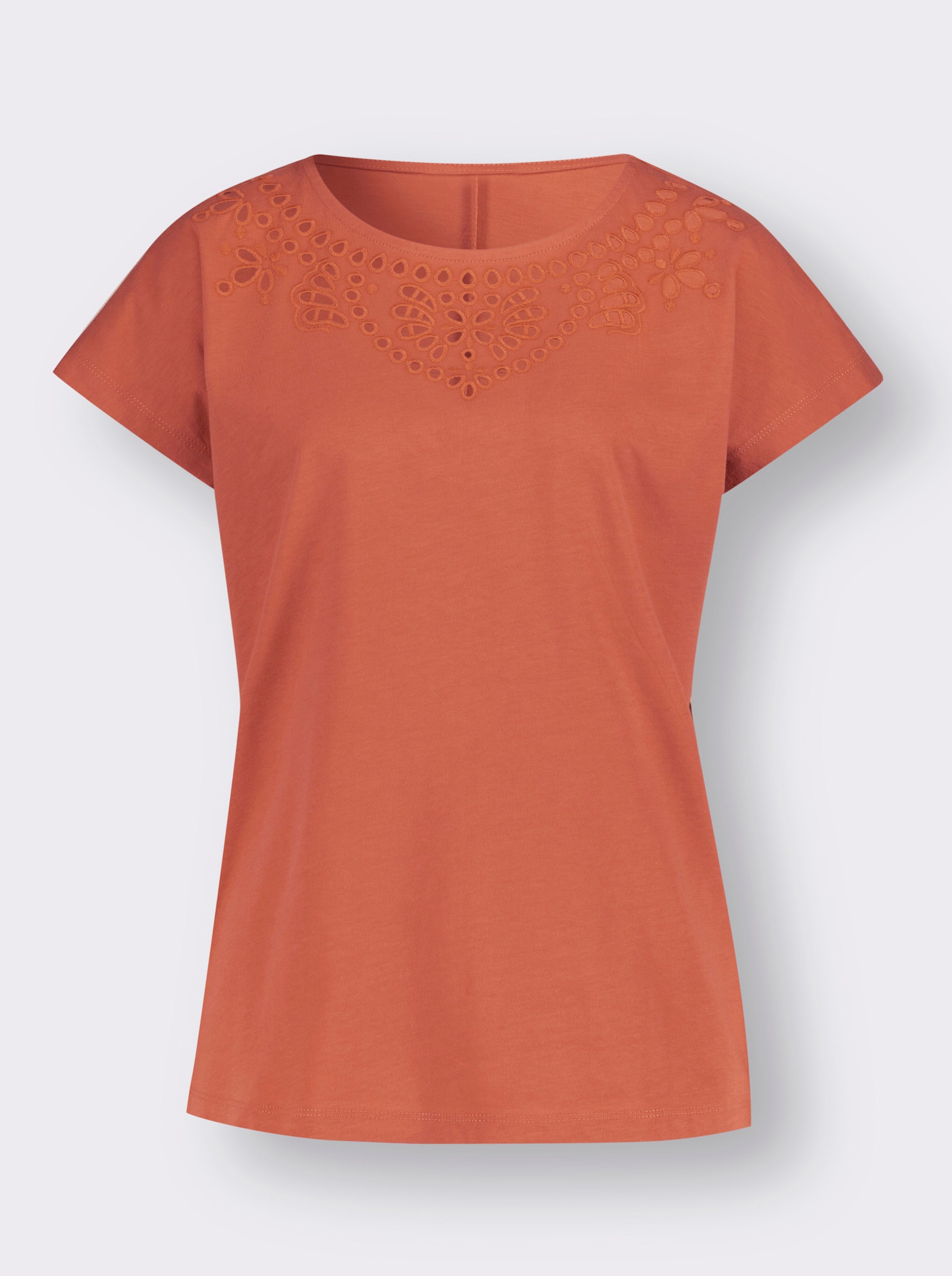 Rundhalsshirt mit Lochstickerei - papaya