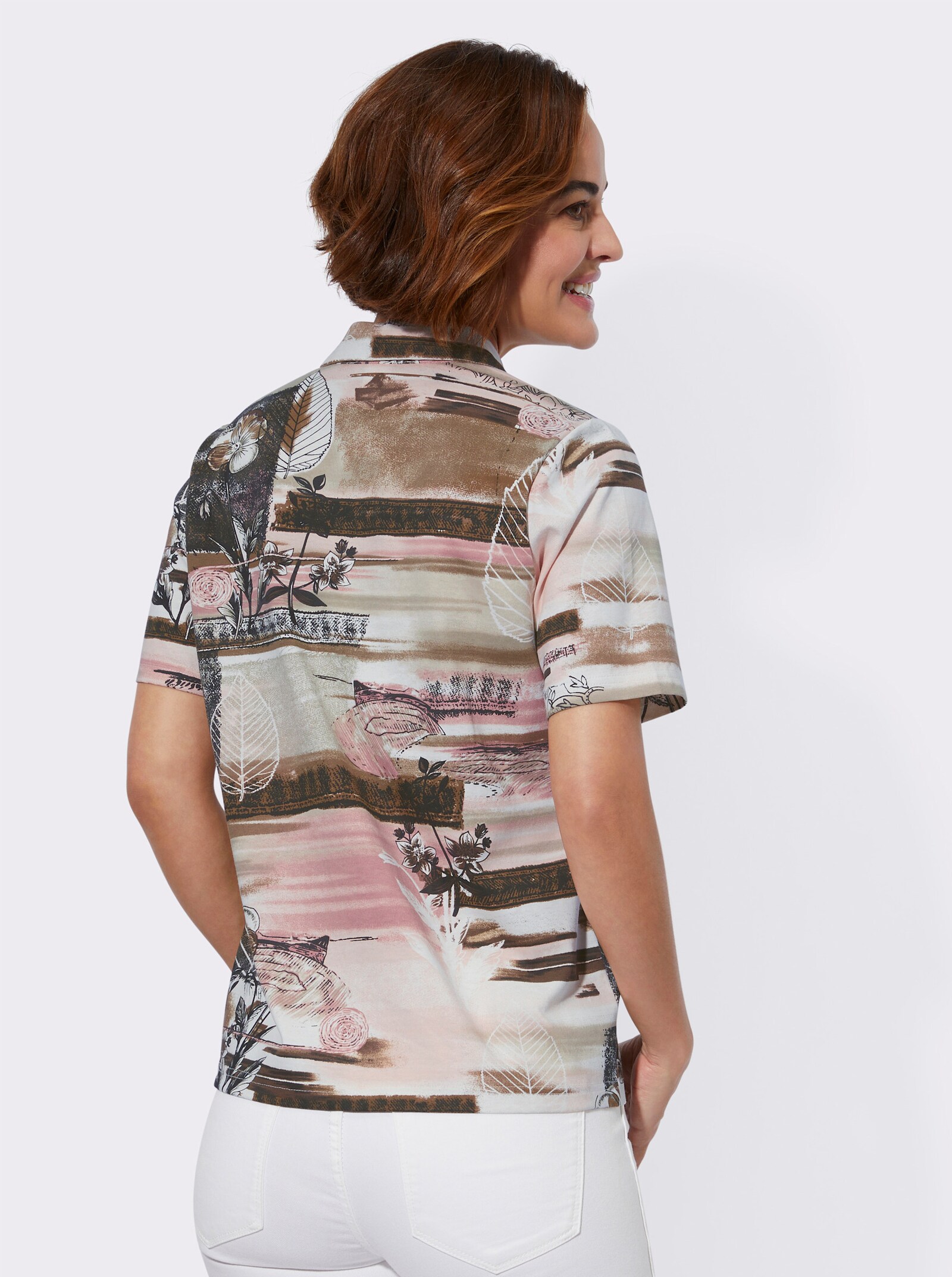 Poloshirt mit Glitzersteinchen - rosenholz-ecru-bedruckt