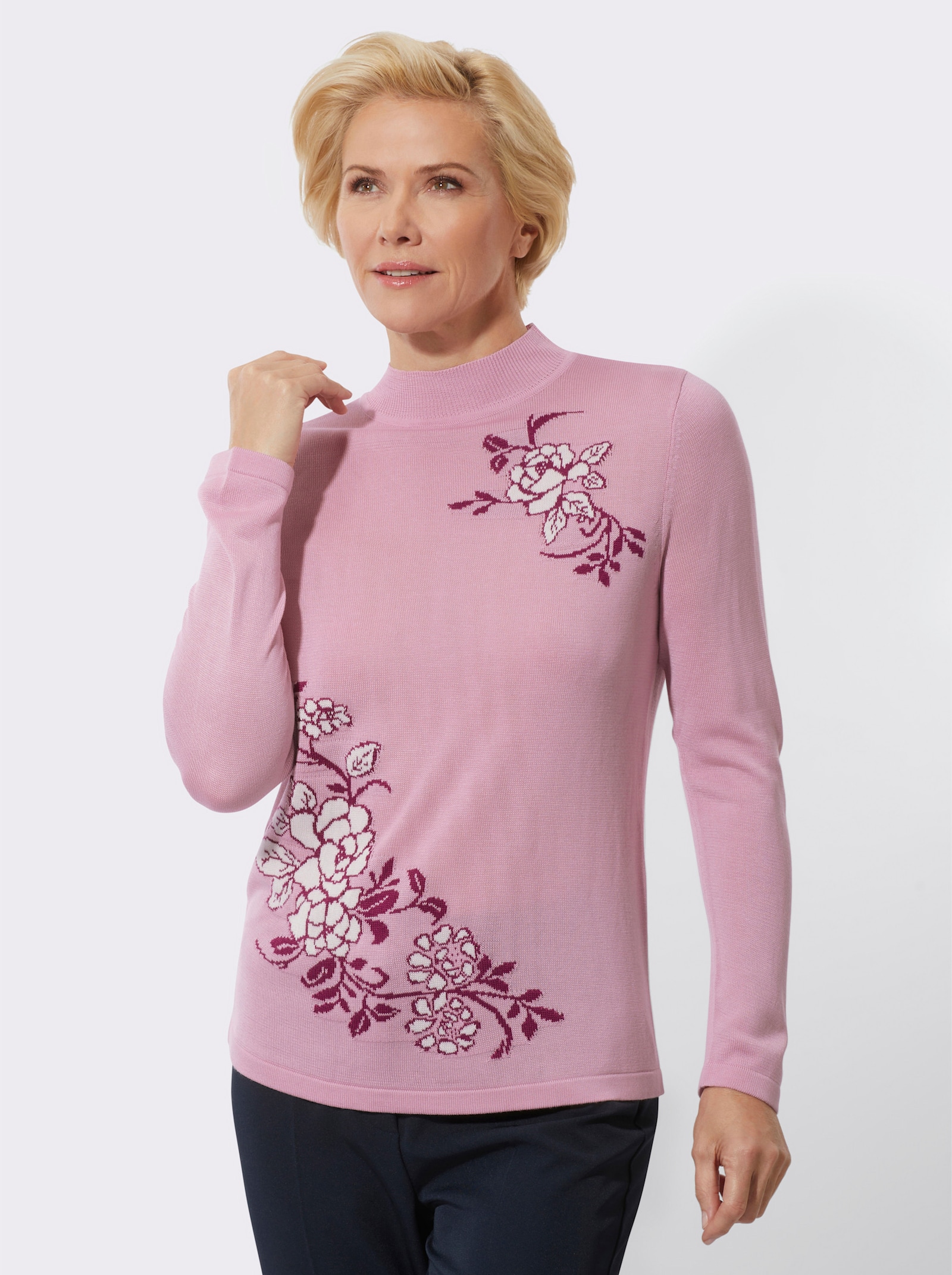 Stehkragenpullover mit floralem Intarsienmuster - rosé