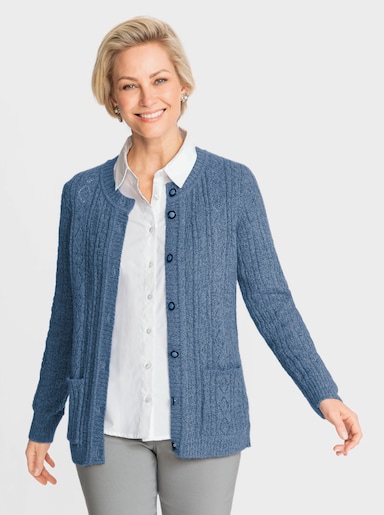 Ajourstrickjacke mit Melange-Garn - mittelblau-meliert