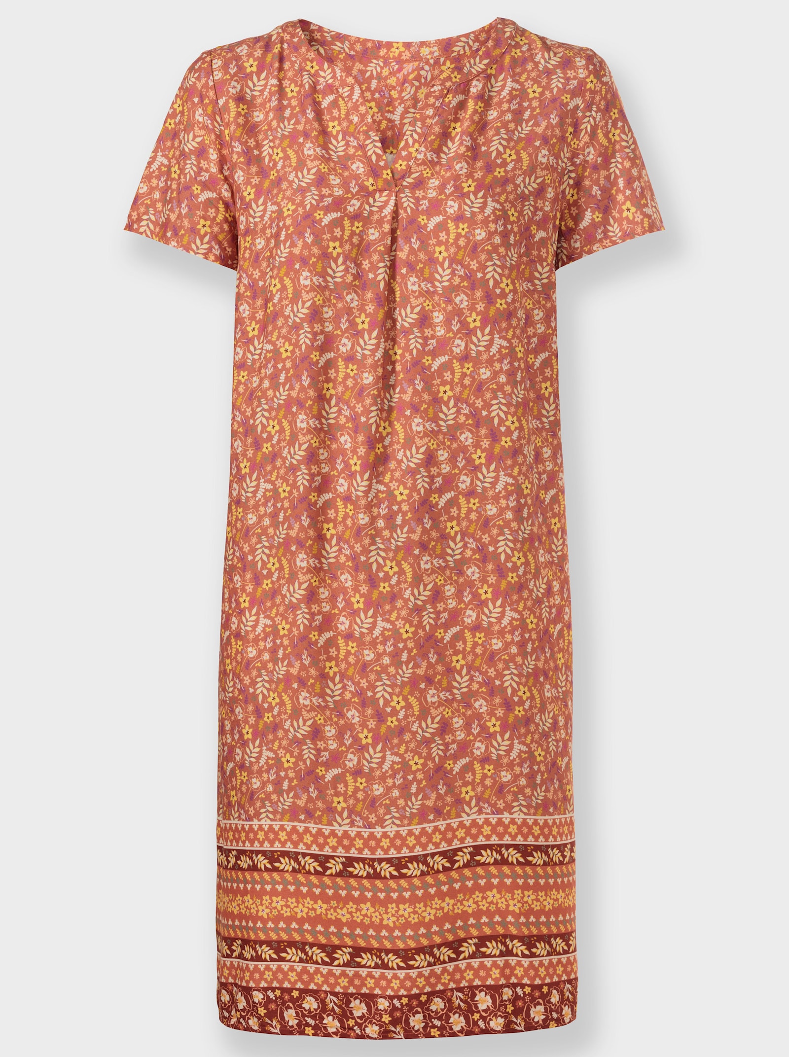 Druckkleid mit Blümchen- und Bordürenmuster - papaya-rotbraun-bedruckt