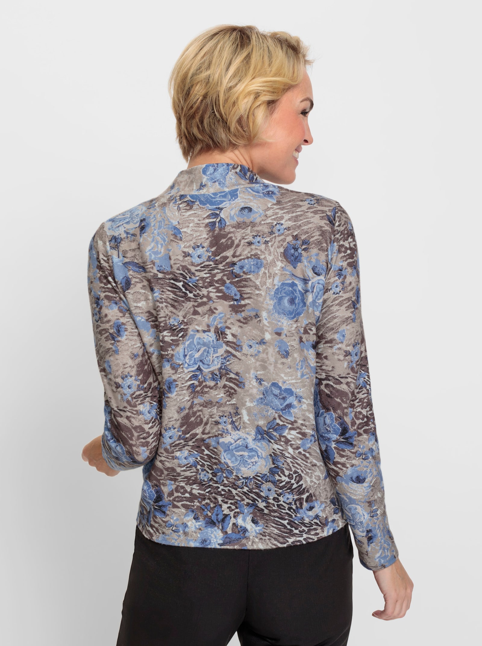 Stehkragenshirt in winterlicher Qualität - bleu-sesam-bedruckt