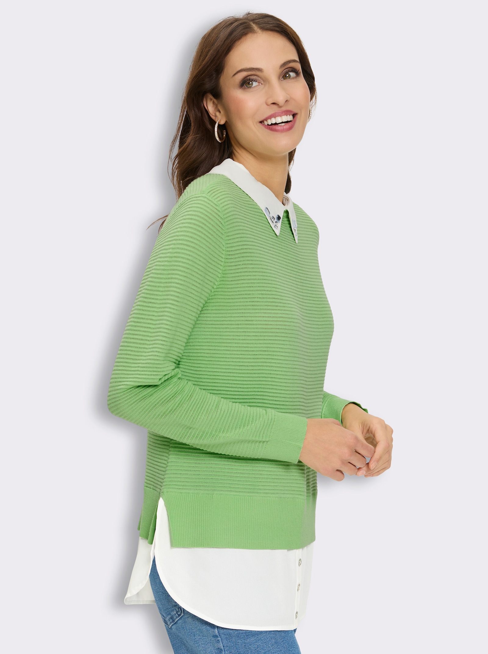2-in-1-Pullover mit Steinchenverzierung am Kragen - reseda