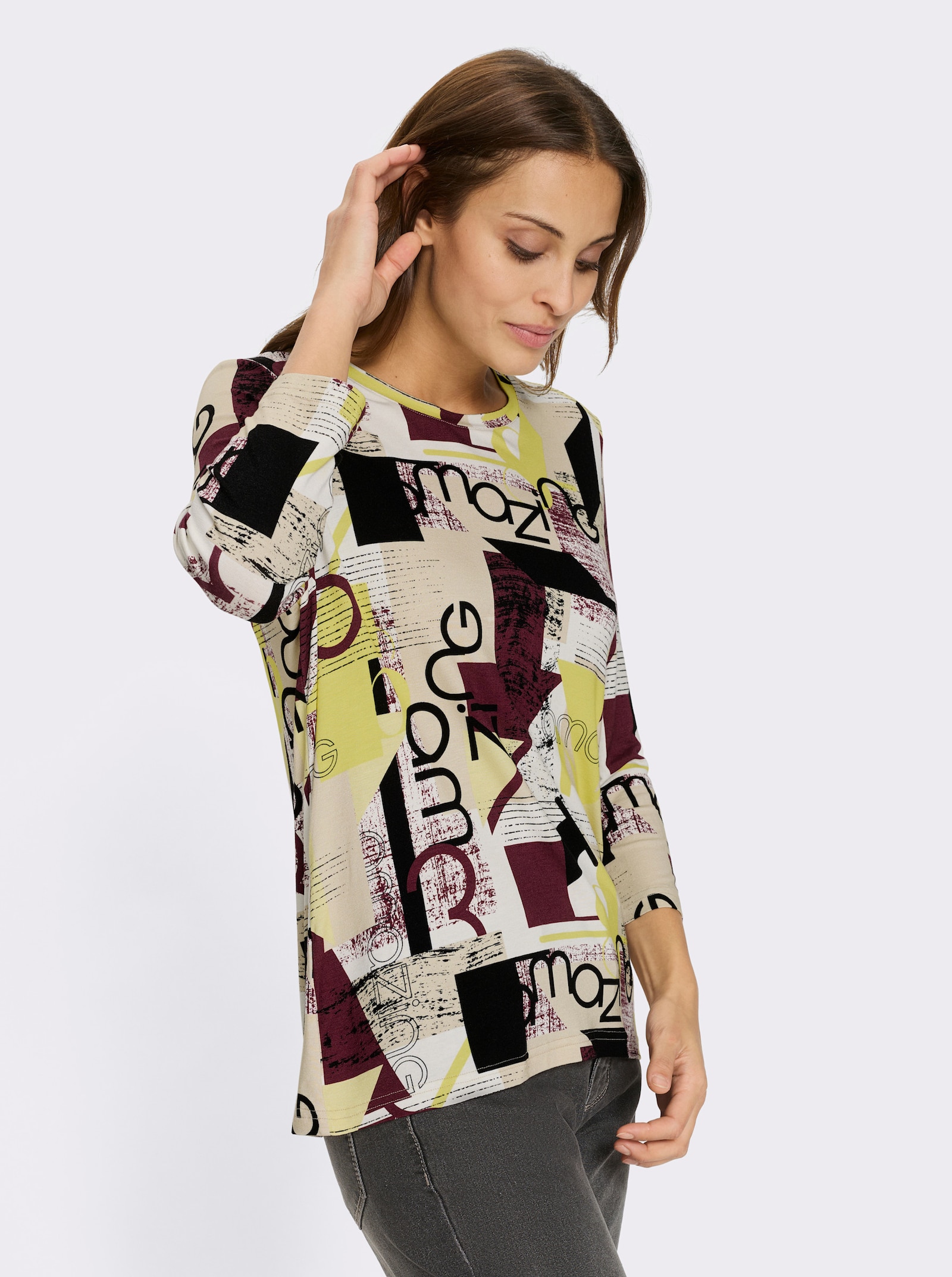 Print-Shirt mit 3/4-Ärmeln - limone-burgund-bedruckt