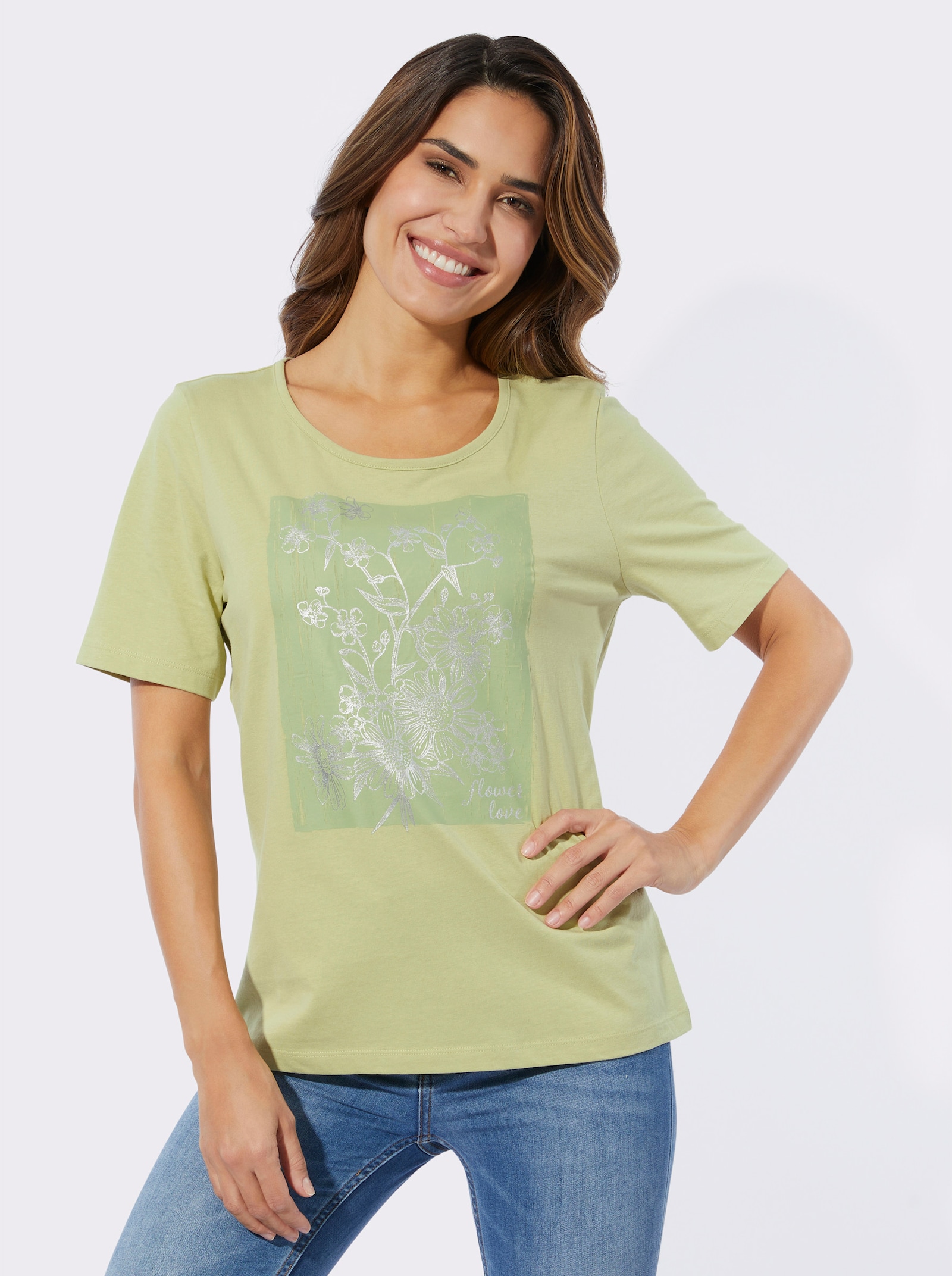 Topp med rund halsringning och folietryck - lindgrön-eukalyptus