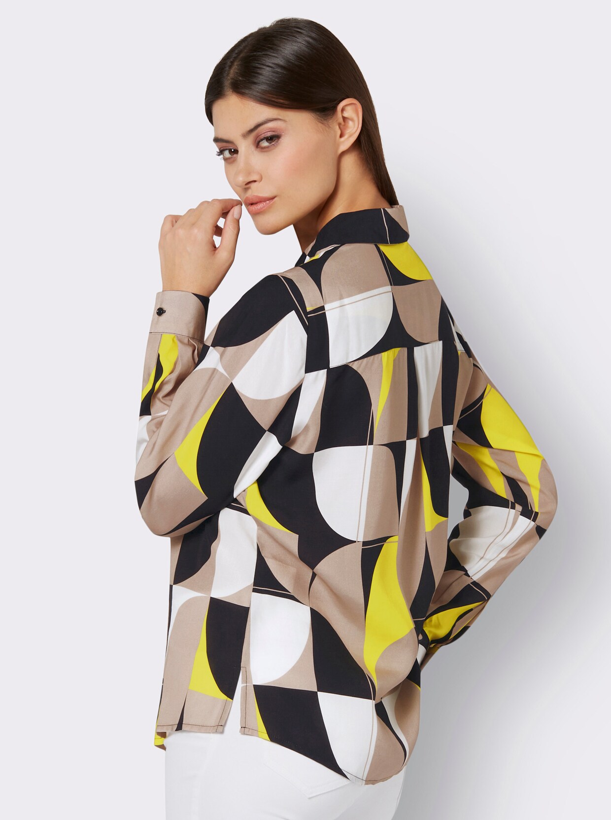 Hemdbluse - beige-limone-bedruckt