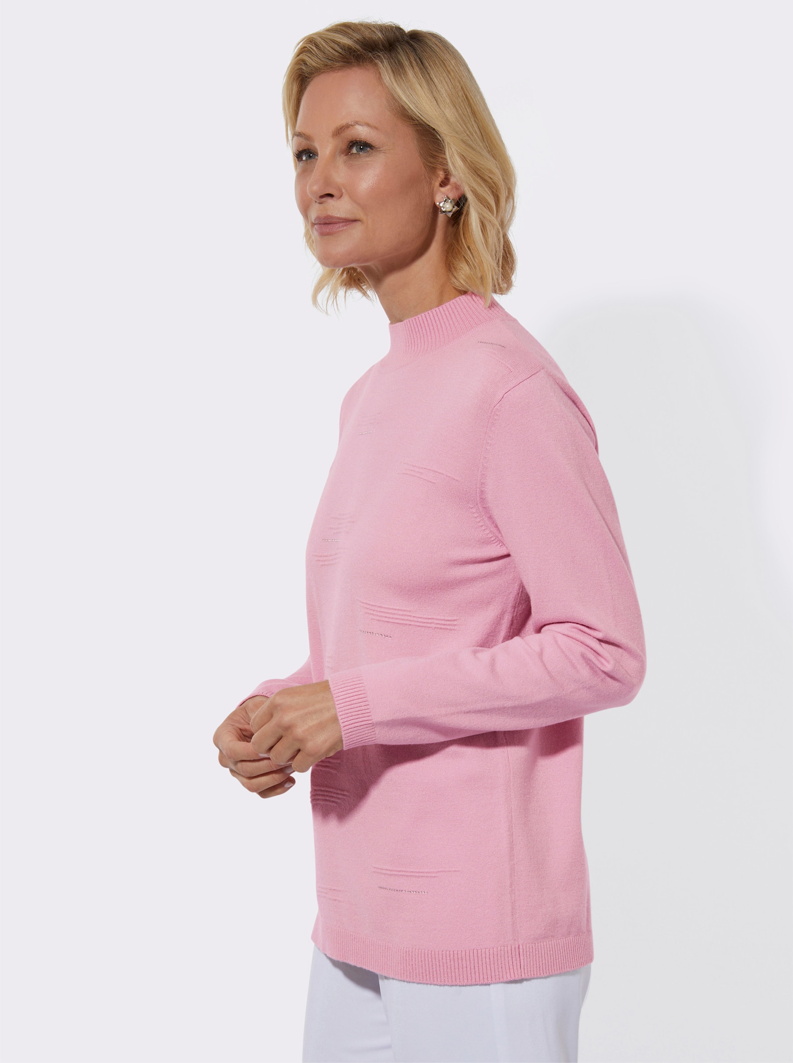 Stehkragenpullover mit Rippmuster und Glitzersteinchen - rosé