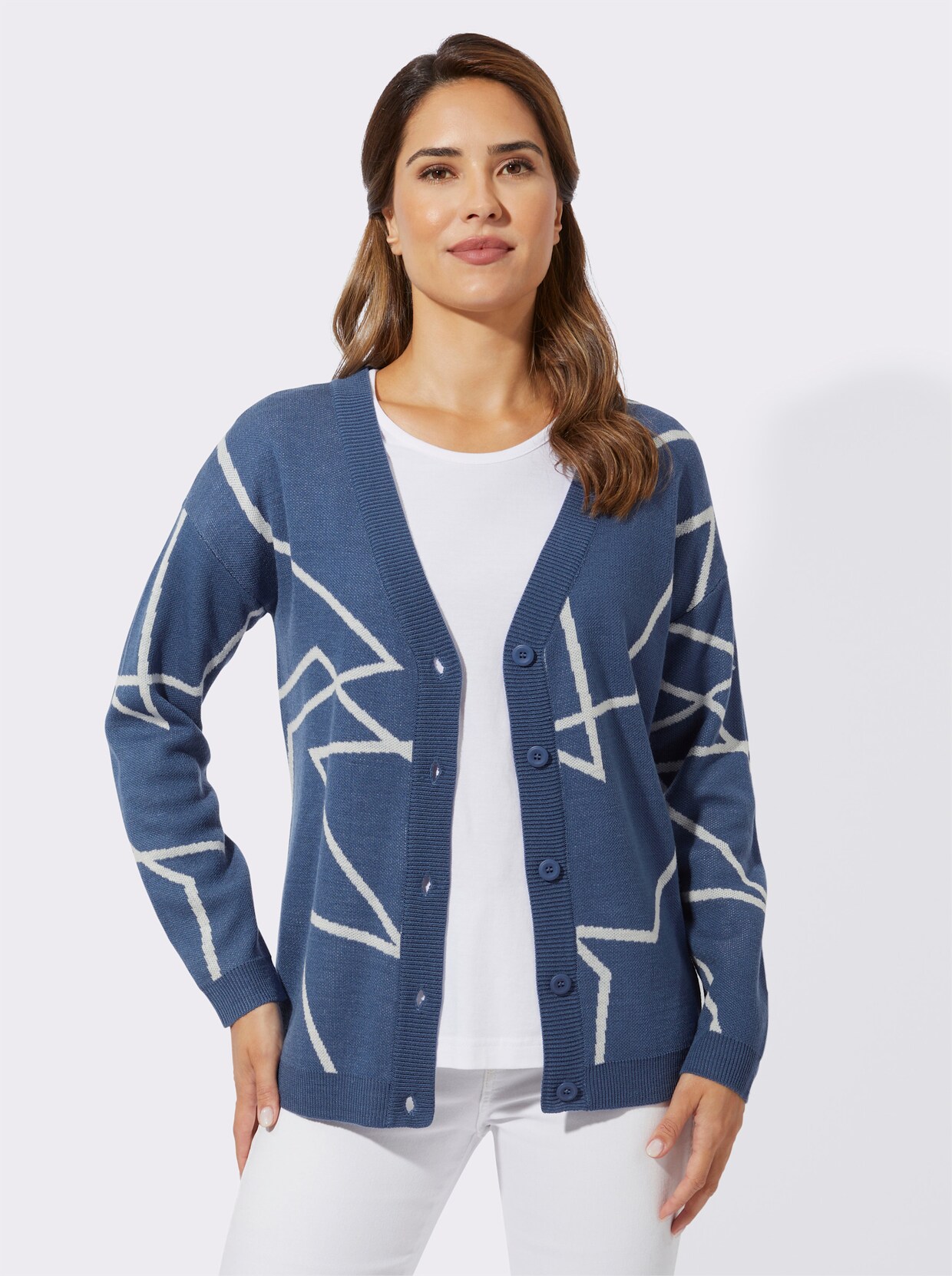 Strickjacke - jeansblau-ecru-gemustert