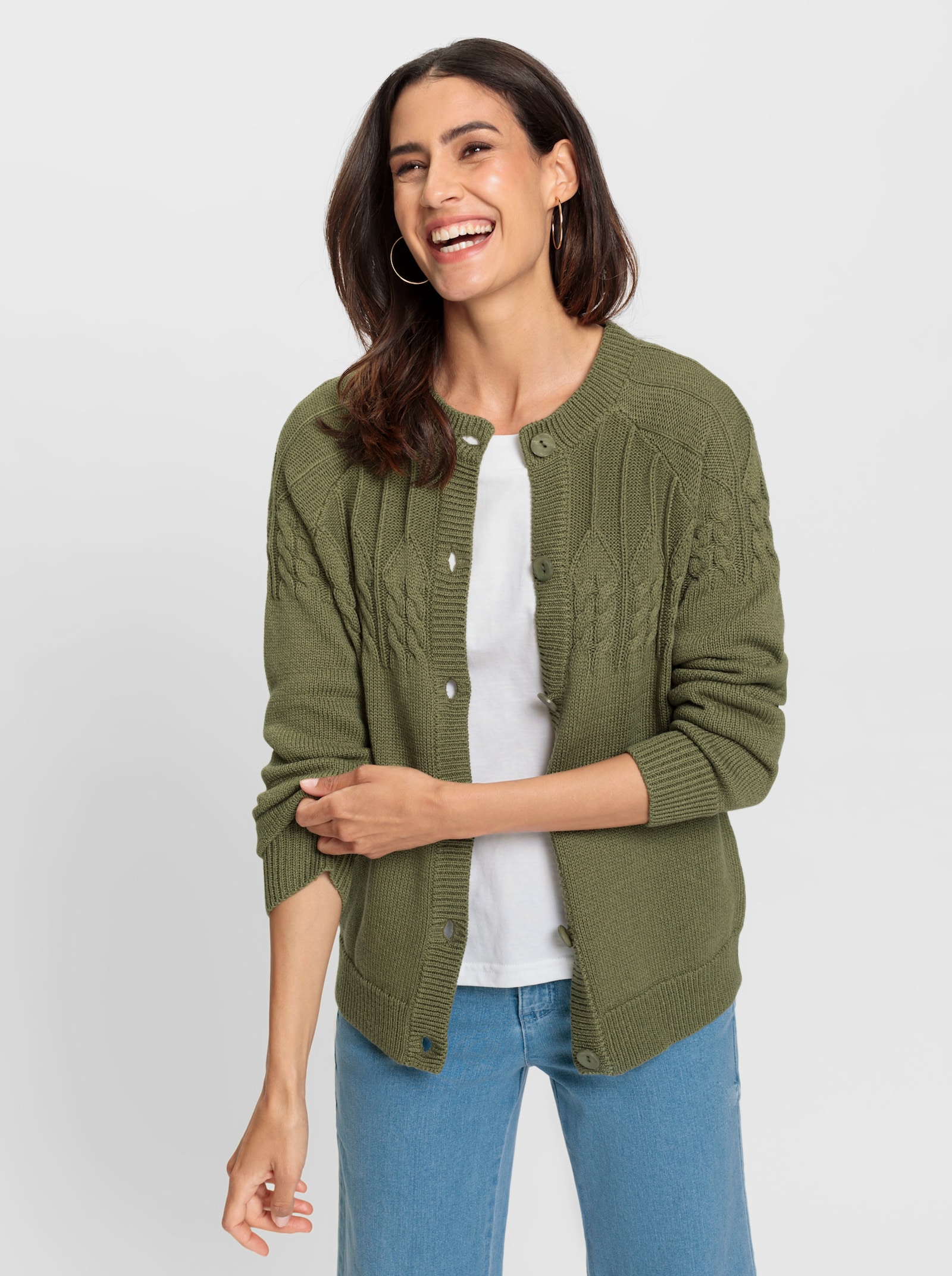 Strickjacke mit Raglan-Ärmeln - oliv-meliert