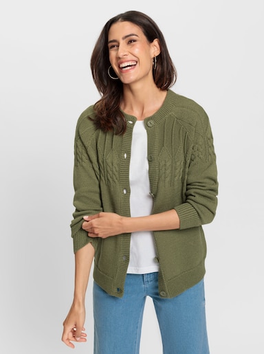 Strickjacke mit Raglan-Ärmeln - oliv-meliert