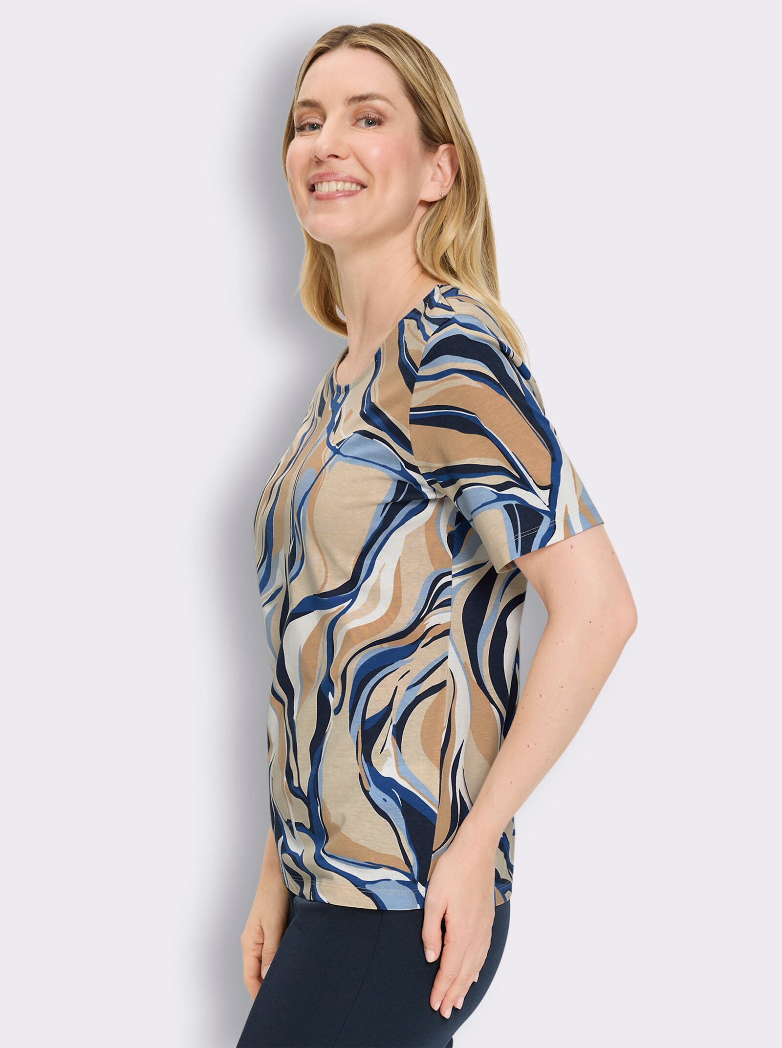 Kurzarmshirt mit Wellen-Muster, Baumwoll-Qualität - ecru-marine-bedruckt