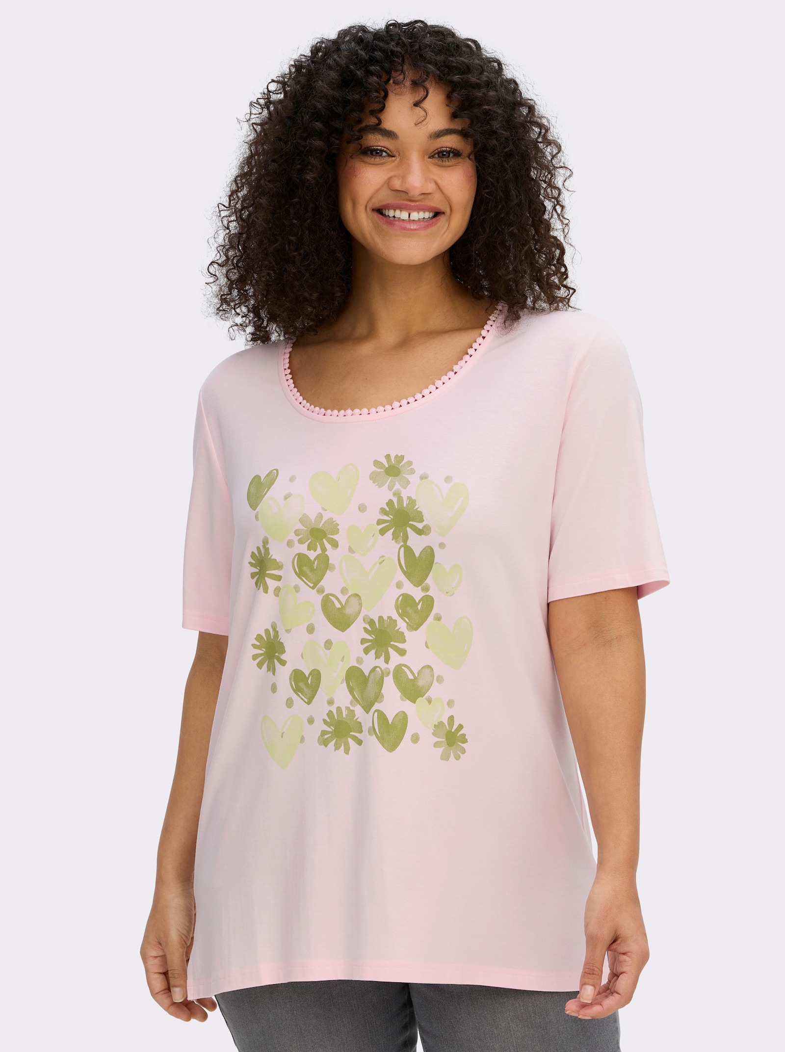 sheego Rundhalsshirt mit Zierband und Frontdruck - hellrosé-pistazie