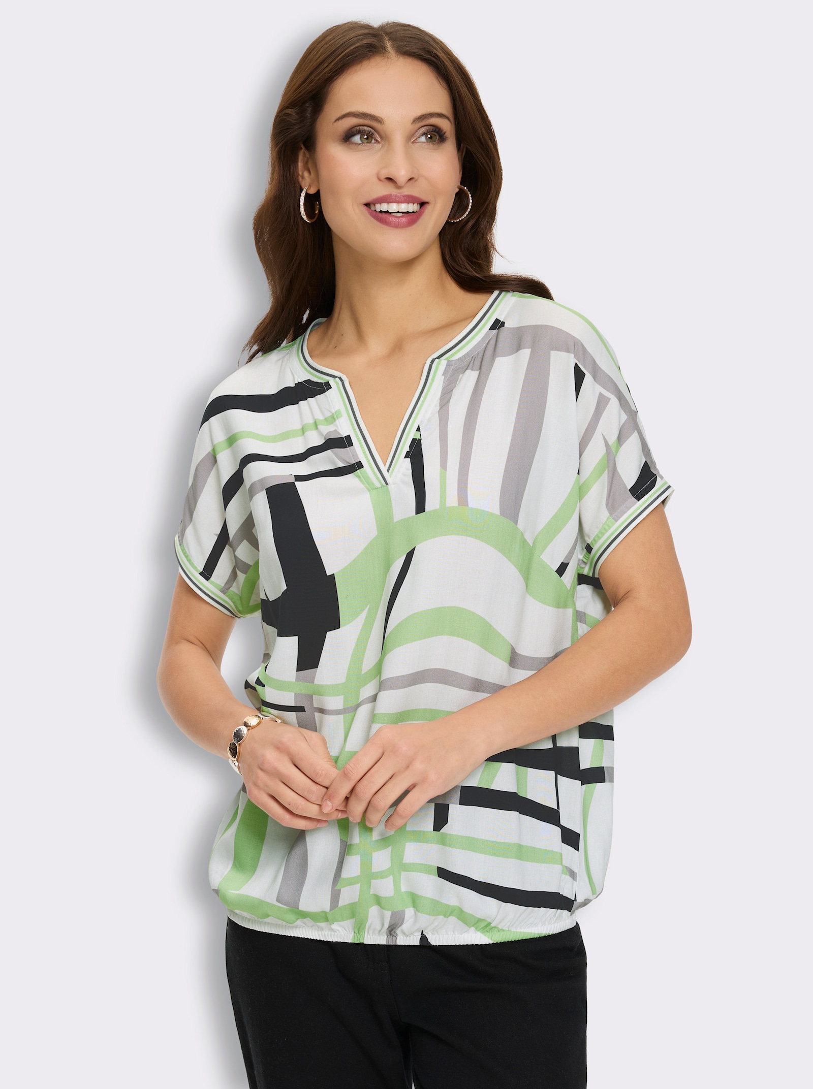 Schlupf-Bluse mit grafischem Print - ecru-reseda-bedruckt