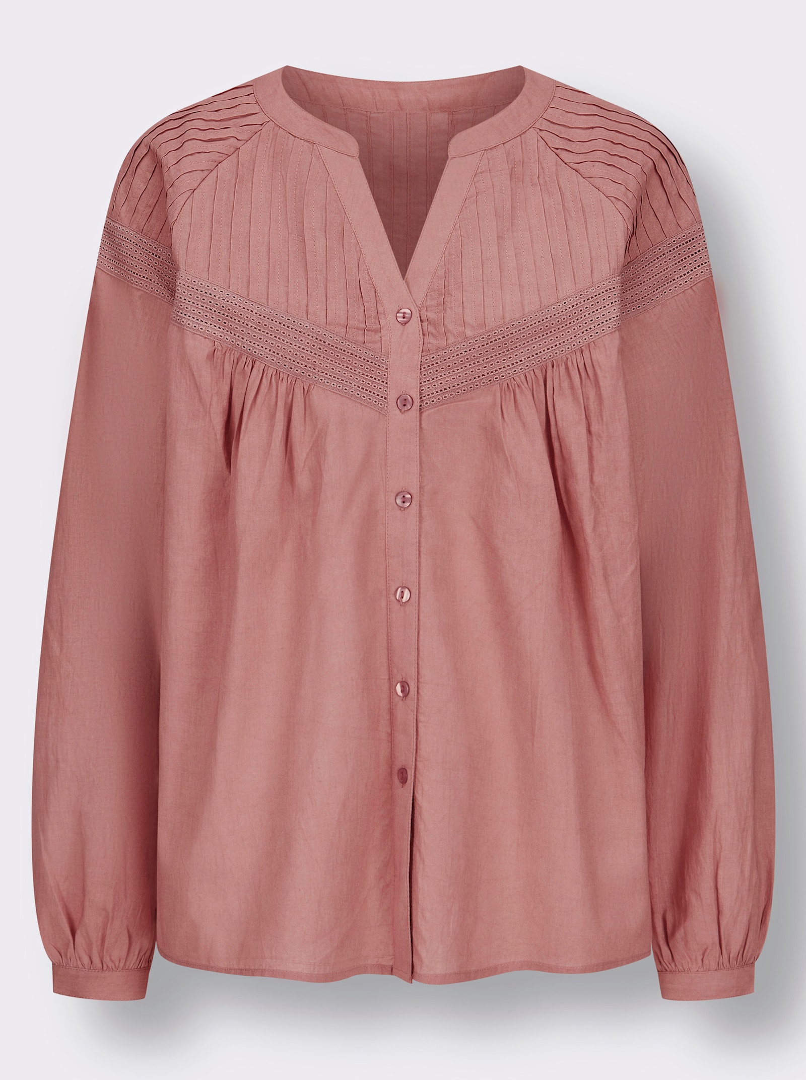 Langarmbluse mit aufgesetzter Lochspitze - rosenholz