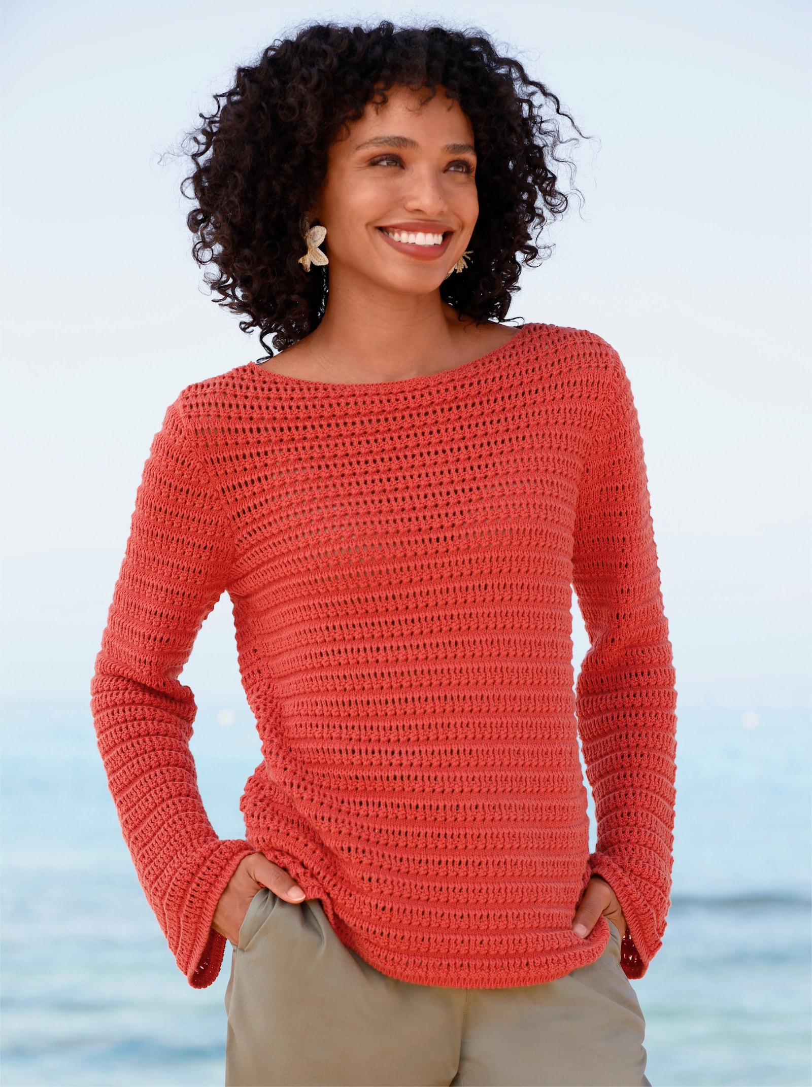 heine Langarm-Pullover mit Ajourmuster - terra
