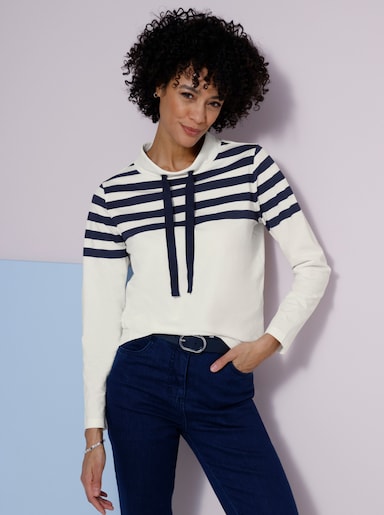Stehkragenshirt mit Streifenmuster - ecru-marine-bedruckt