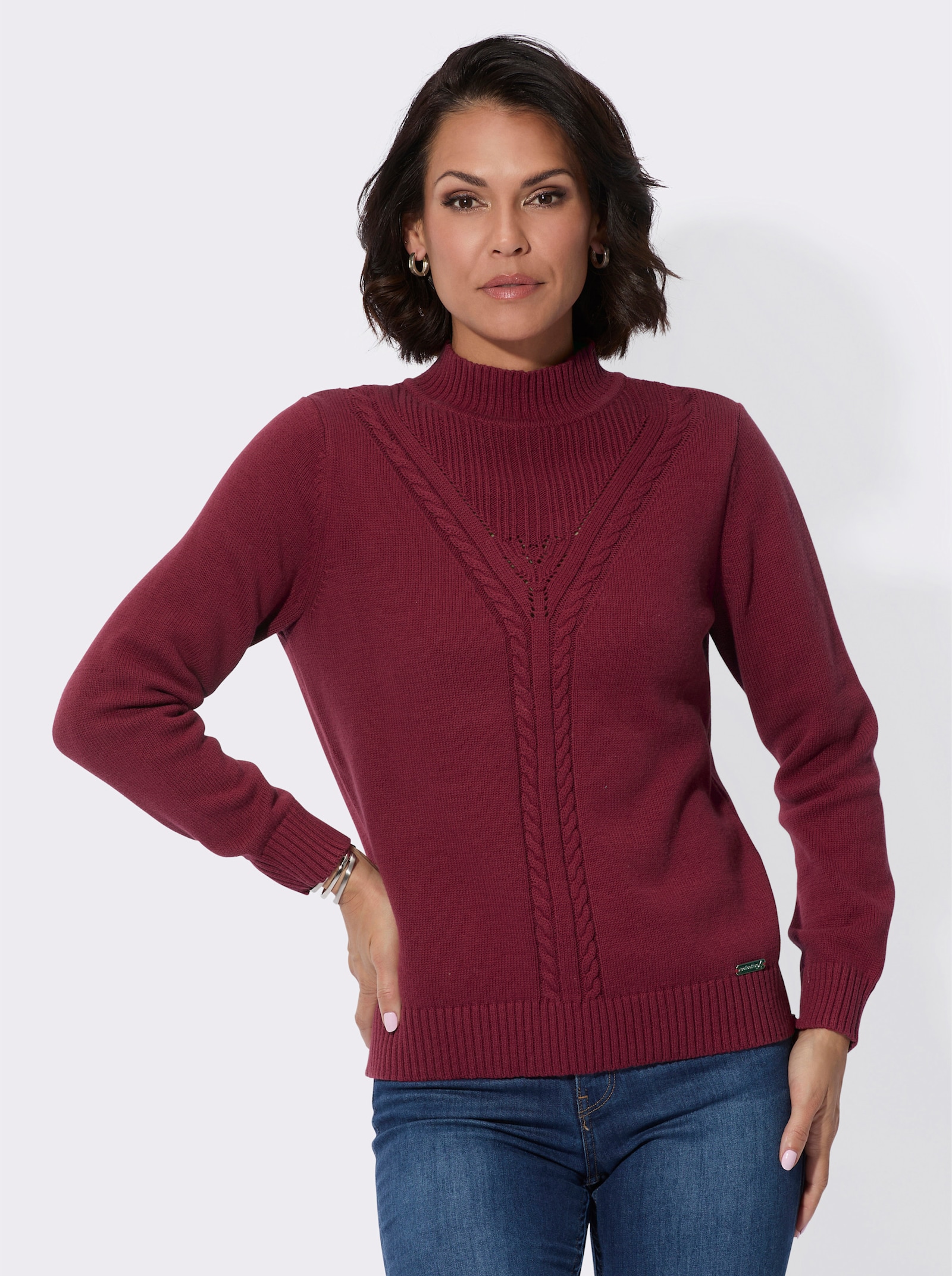 Pullover mit Strickmuster im Vorderteil - dunkelrot