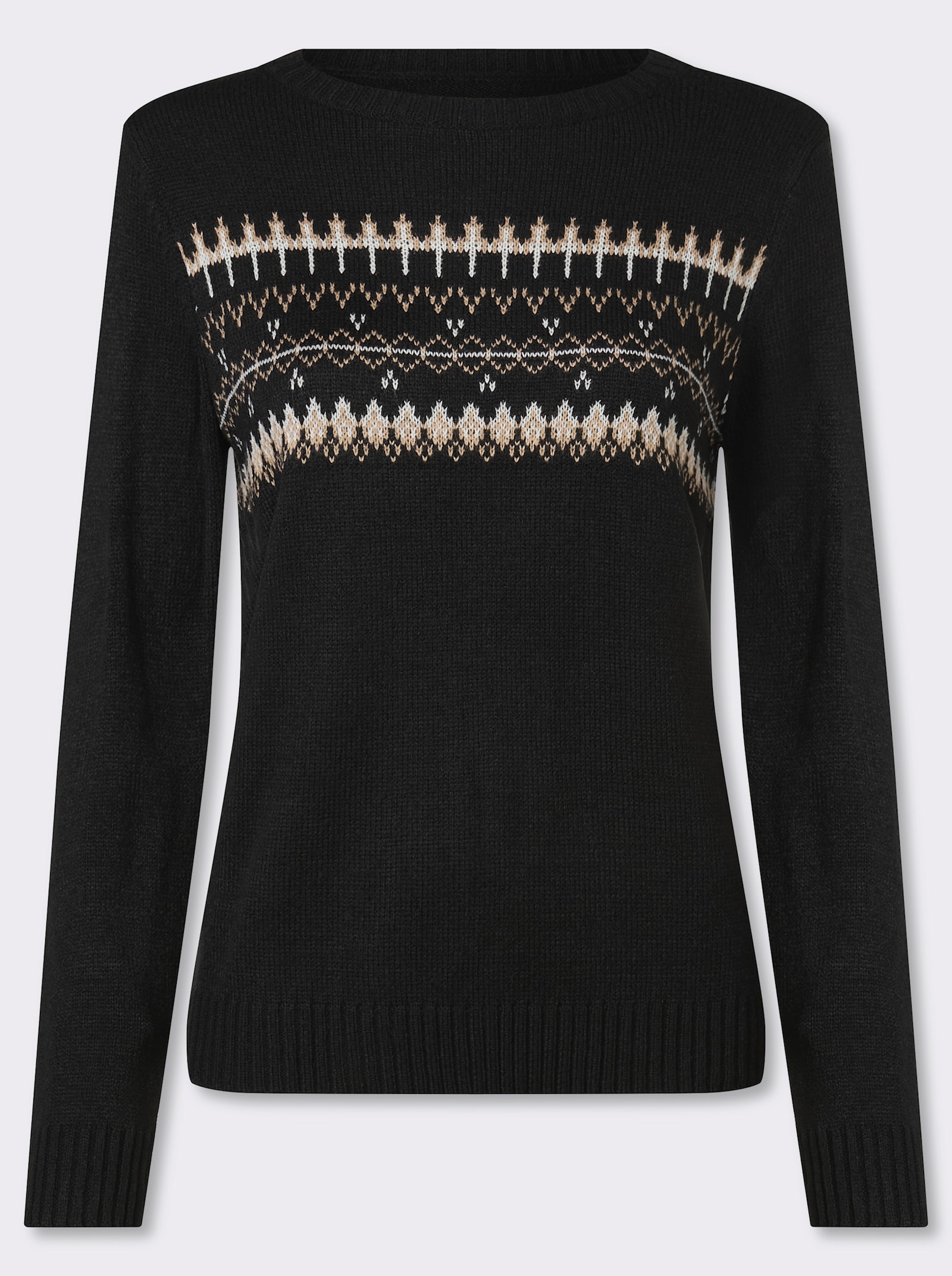 Langarm-Pullover mit Jacquard-Muster - schwarz-camel-gemustert