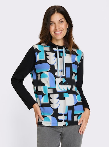 Sweatshirt mit halsfernem Stehkragen - türkis-schwarz-bedruckt