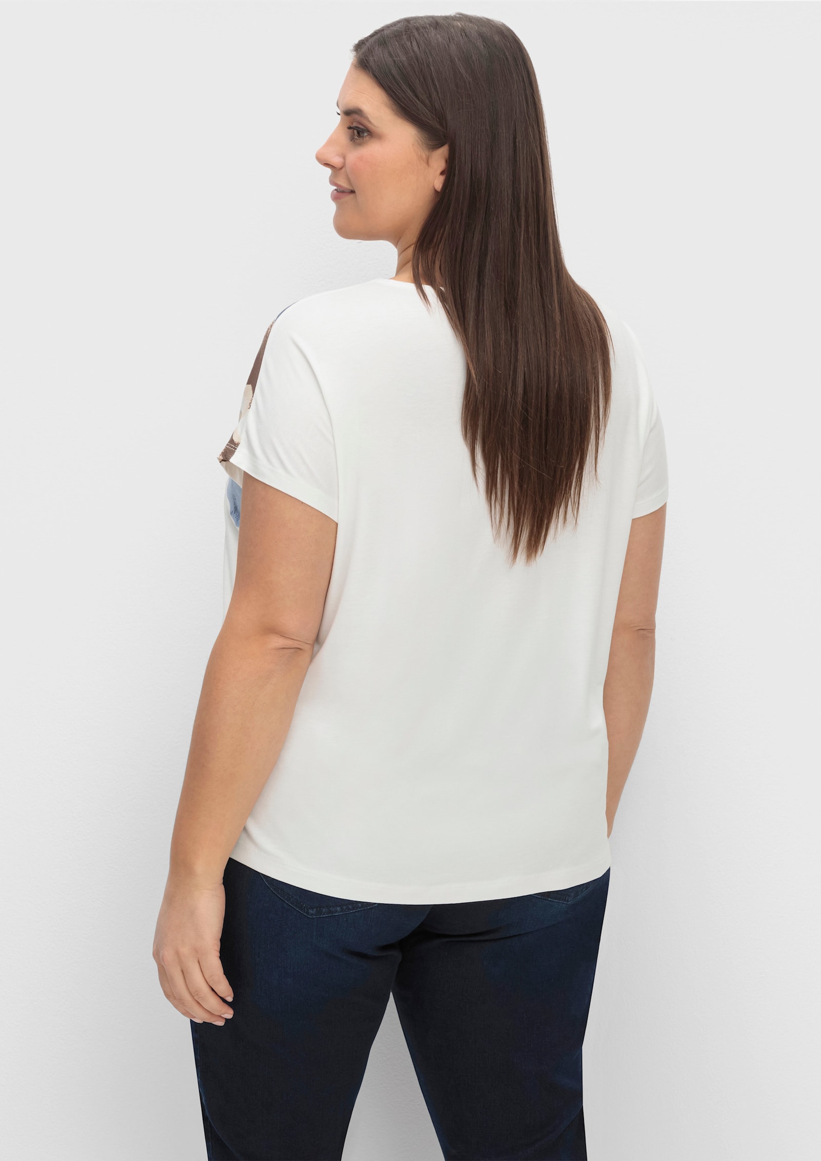 Rundhalsshirt mit Blüten-Druck - ecru-hellblau-bedruckt