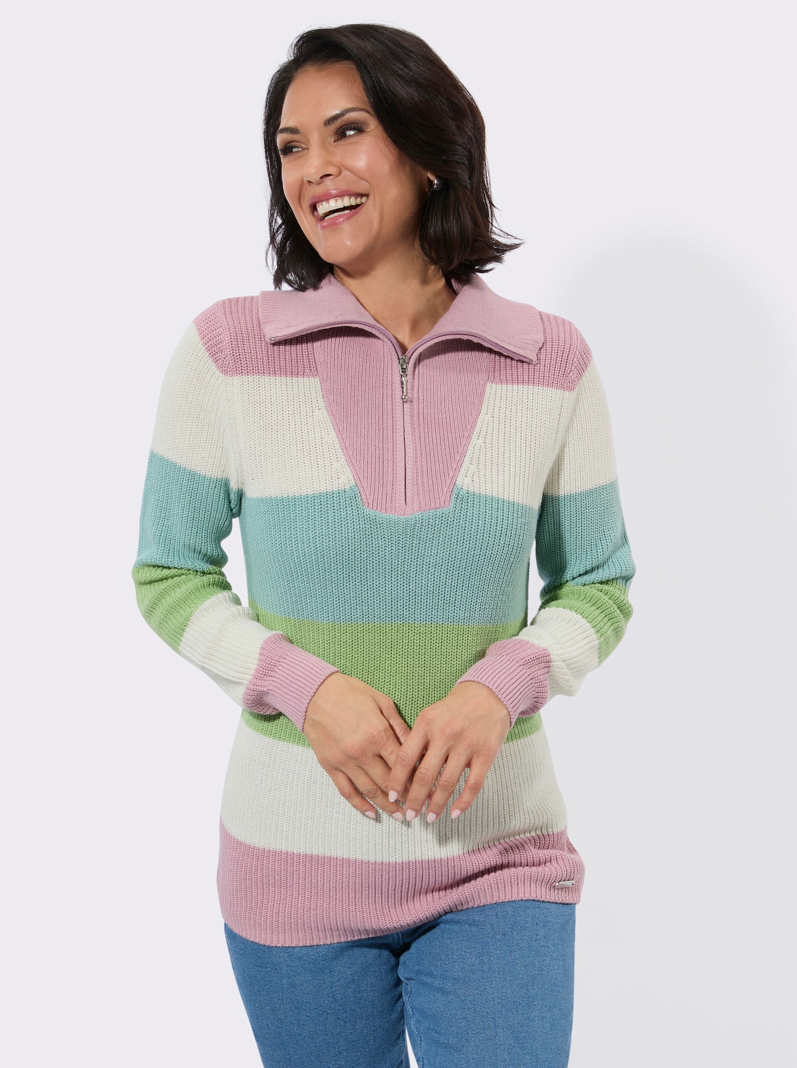 Rundhalspullover in Colour-Blocking-Optik - rosé-ecru-geringelt