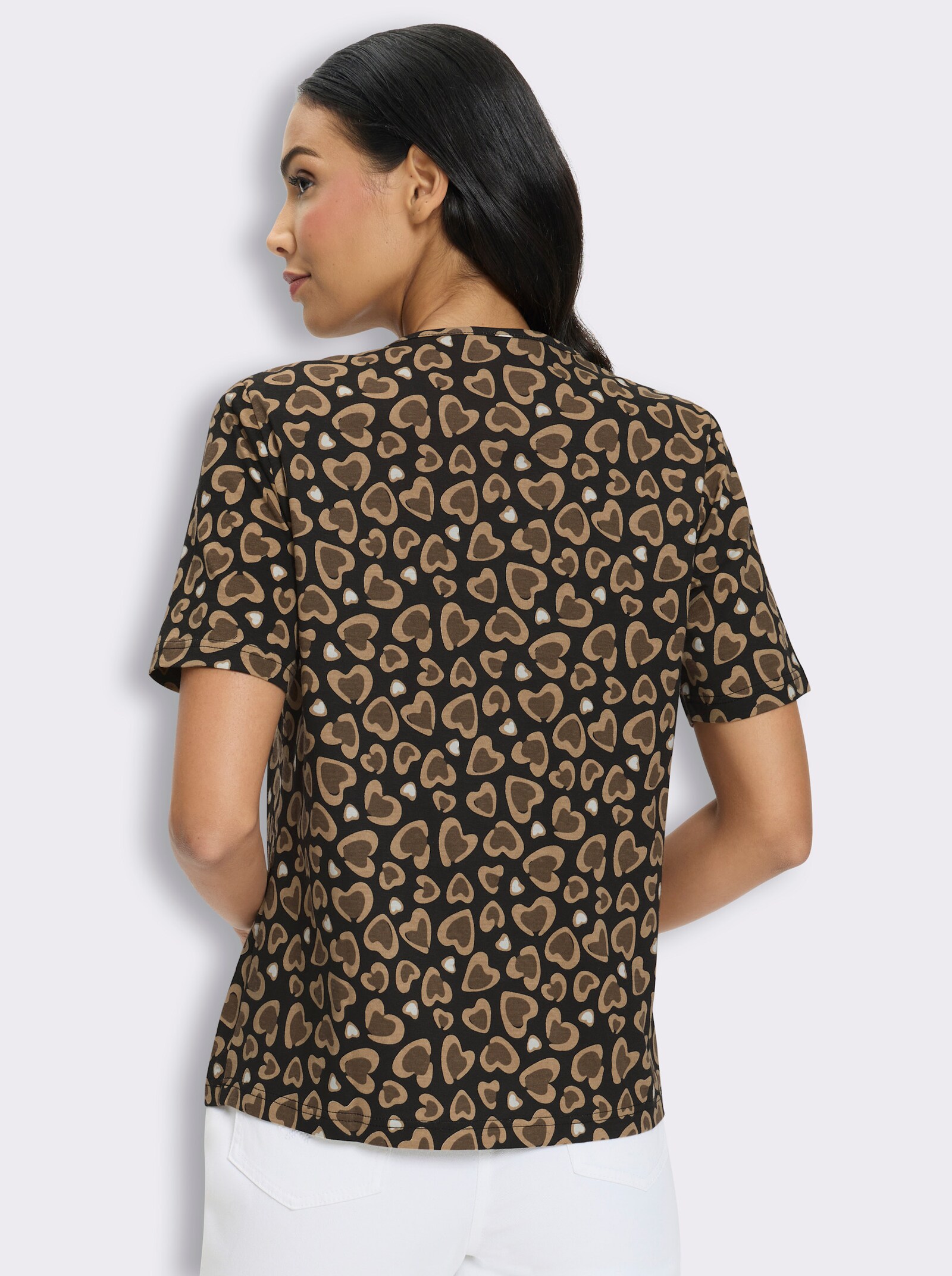 Rundhalsshirt mit Falten am Ausschnitt - schwarz-camel-bedruckt