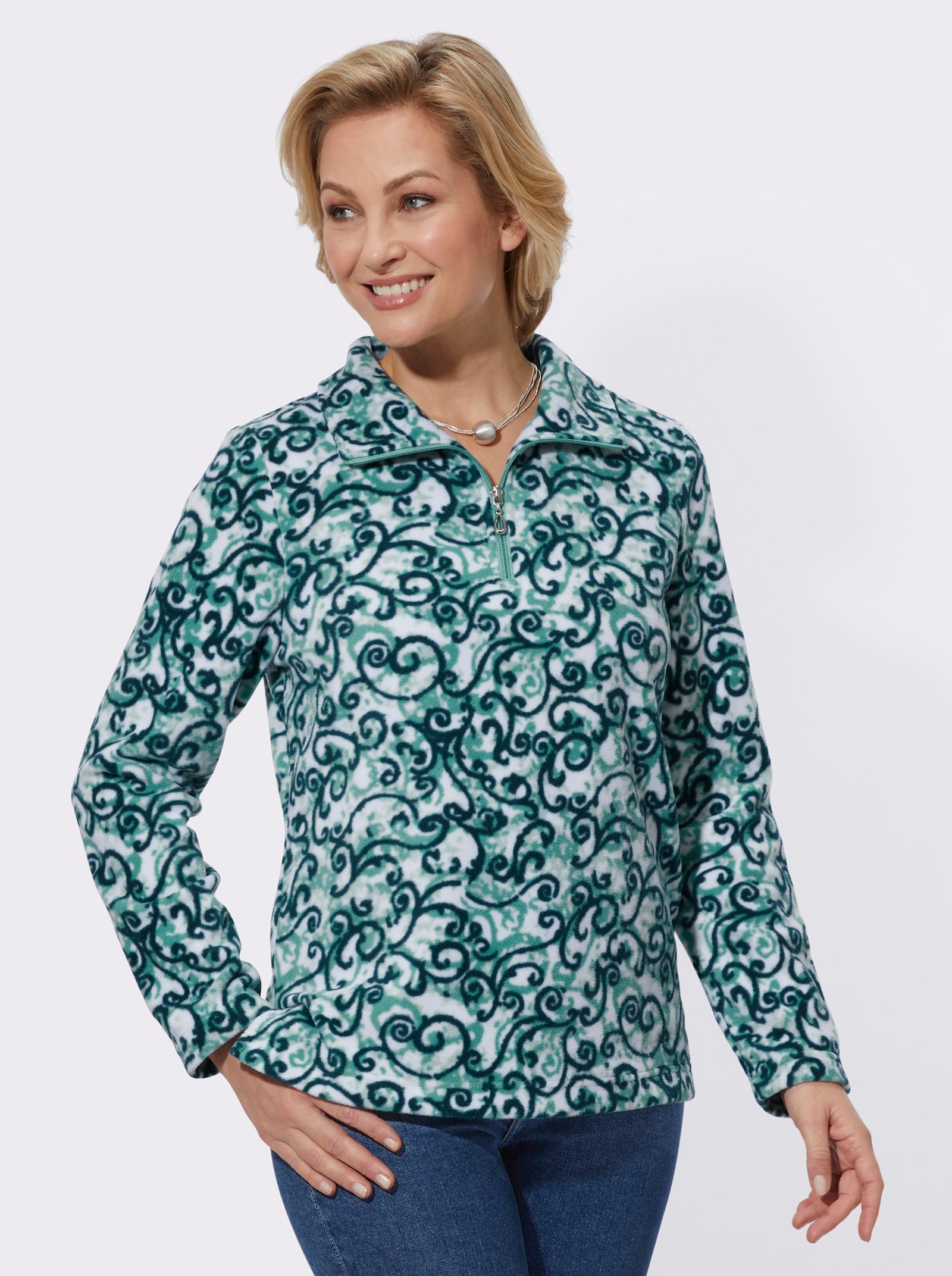 Fleeceshirt mit Umlegekragen - salbei-petrol-bedruckt