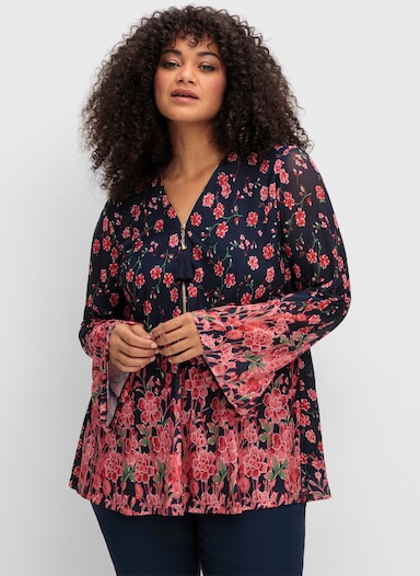 sheego by Joe Browns Tunika aus Mesh, mit Trompetenärmeln - blau gemustert