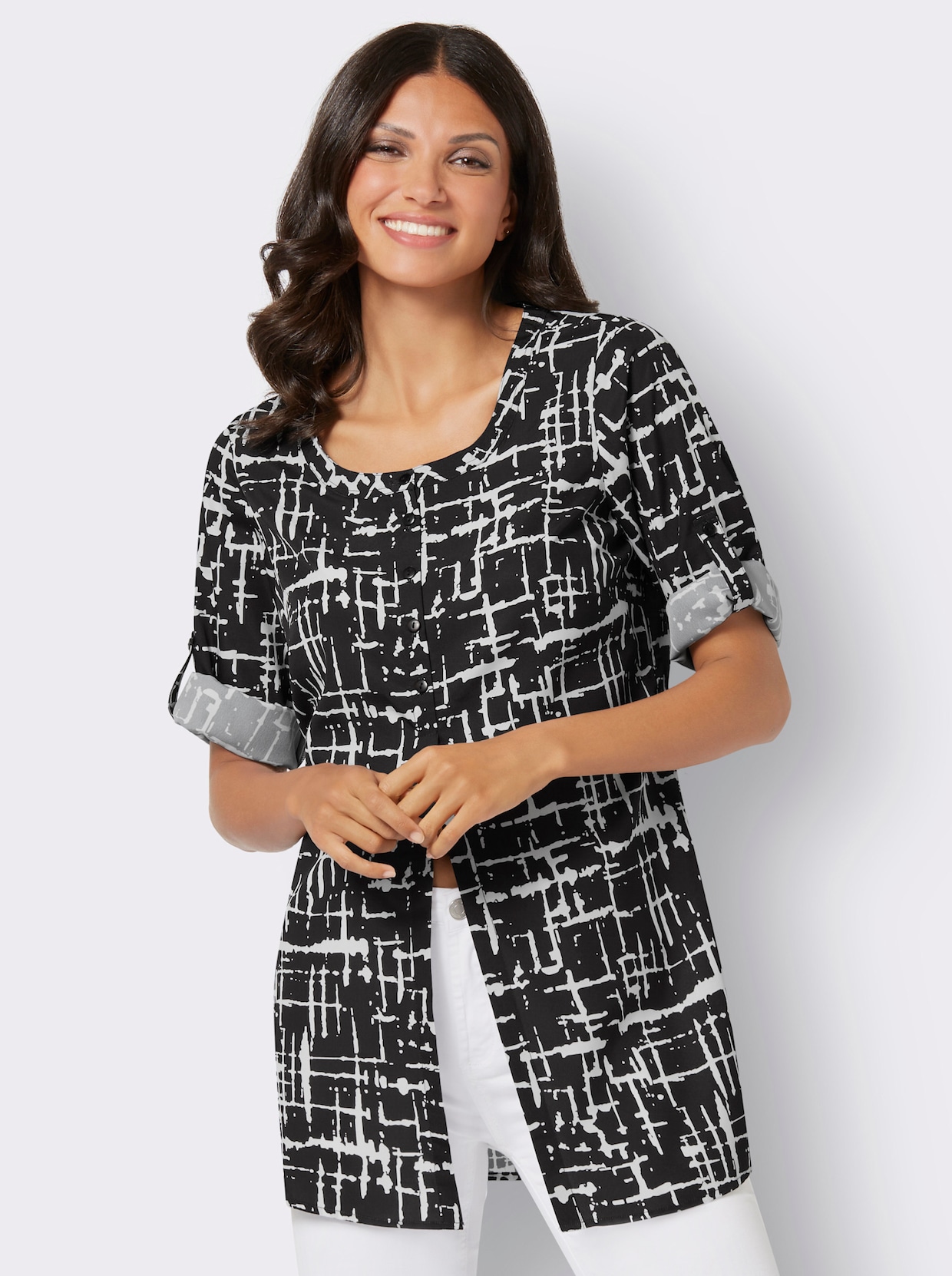 Longline blouse - zwart/ecru geprint