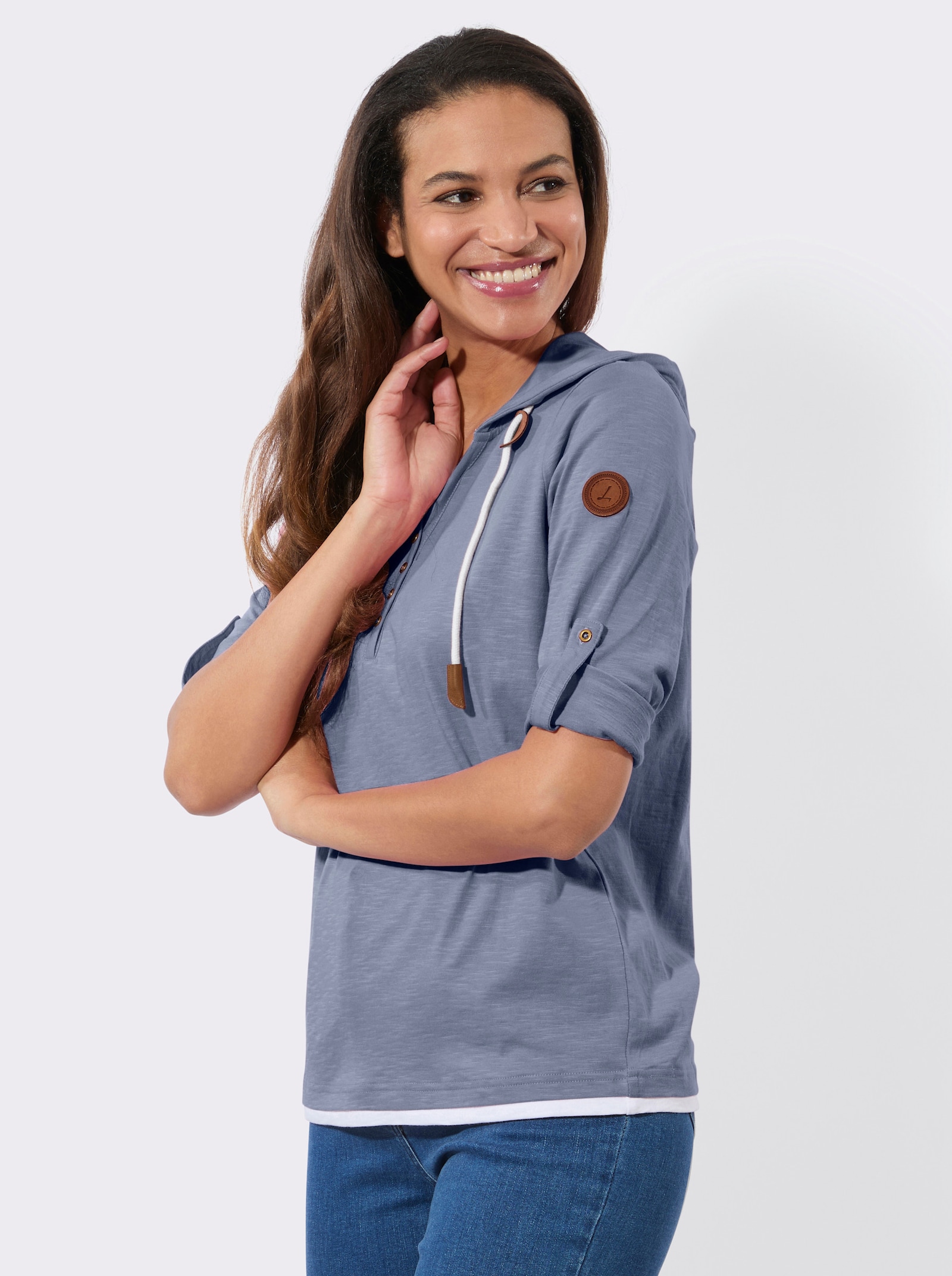 2-in-1-Shirt mit Kapuze - taubenblau-weiß